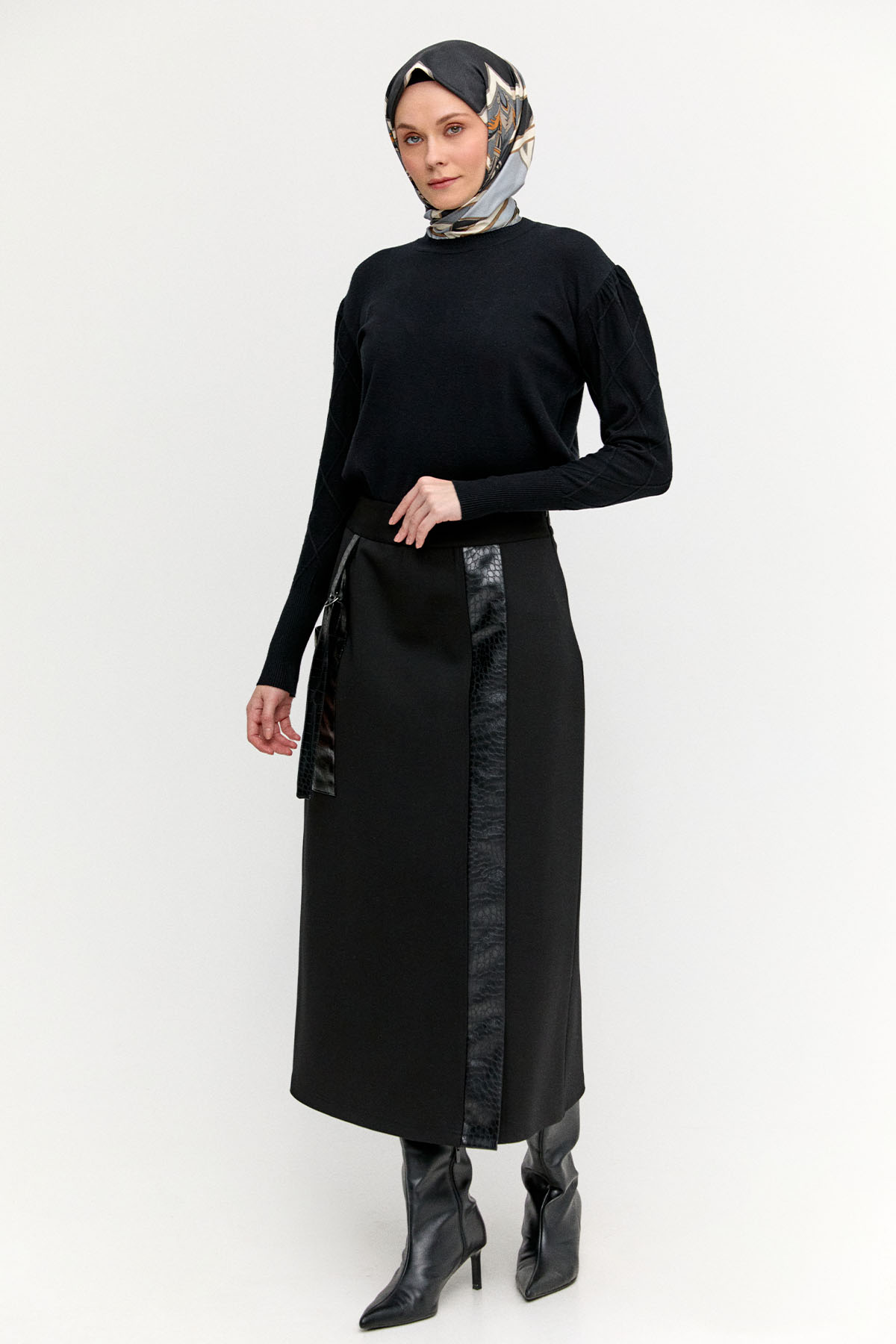 Croco Desen Suni Deri Detaylı Aksesuarlı Etek, Tesettür Giyim