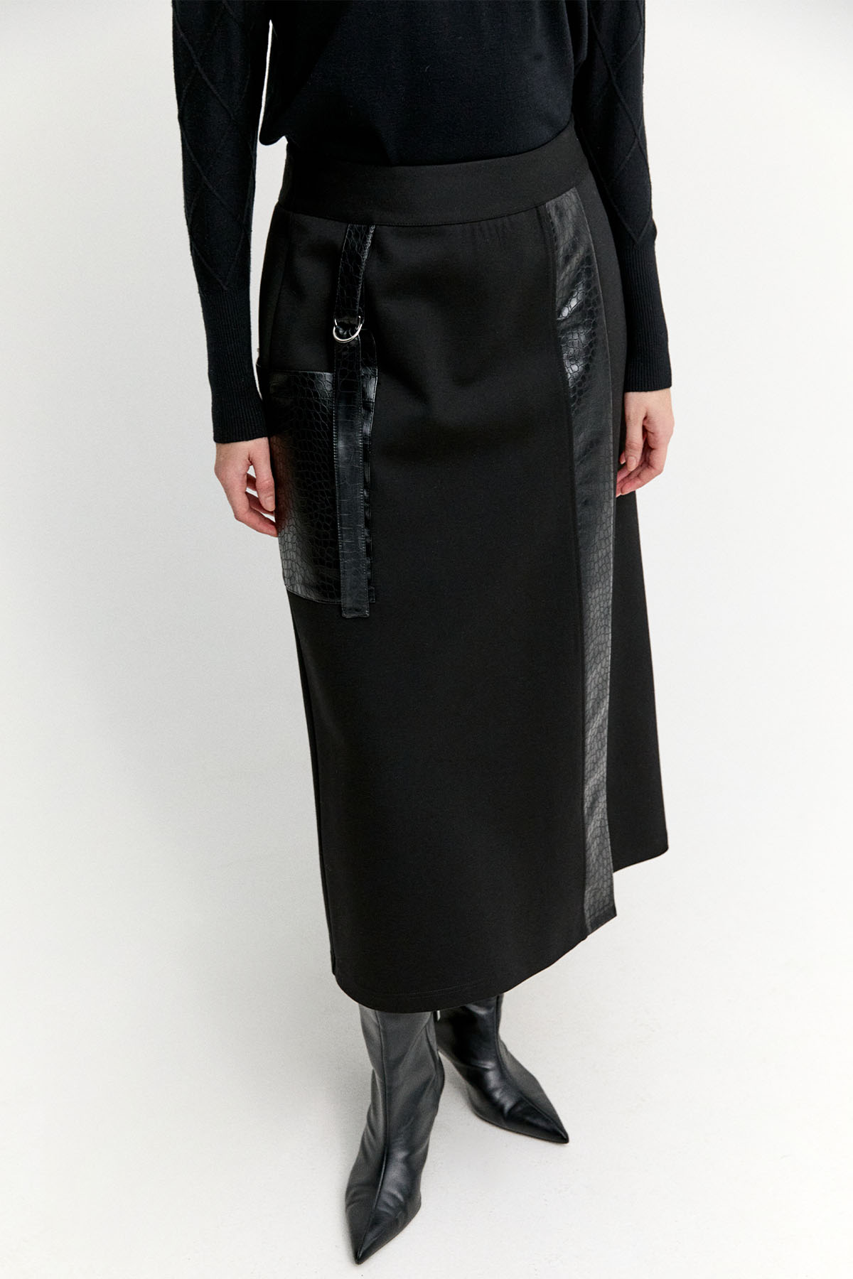 Croco Desen Suni Deri Detaylı Aksesuarlı Etek, Tesettür Giyim