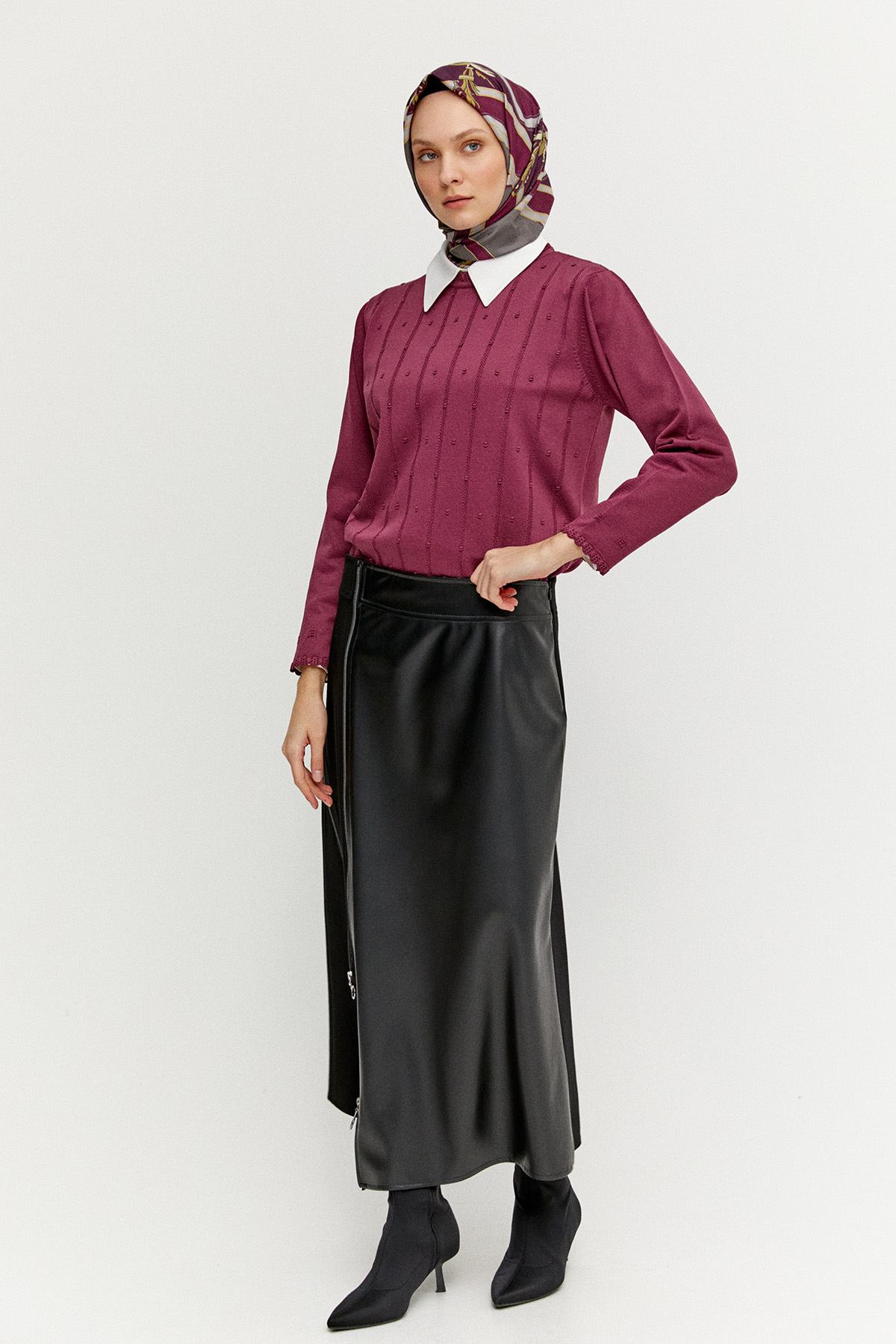 Suni Deri Kombinli Fermuarlı Etek