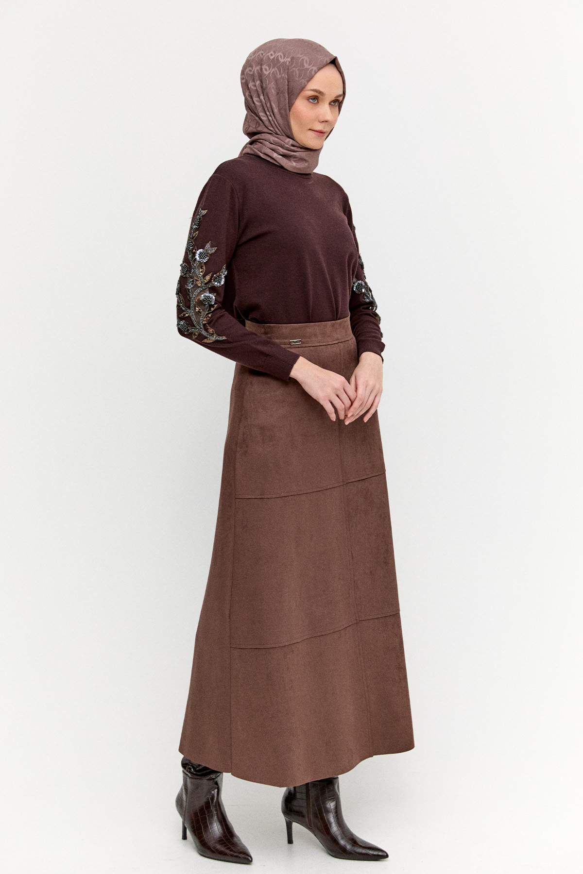 Parçalı Süet Görünümlü Etek, Tesettür Giyim