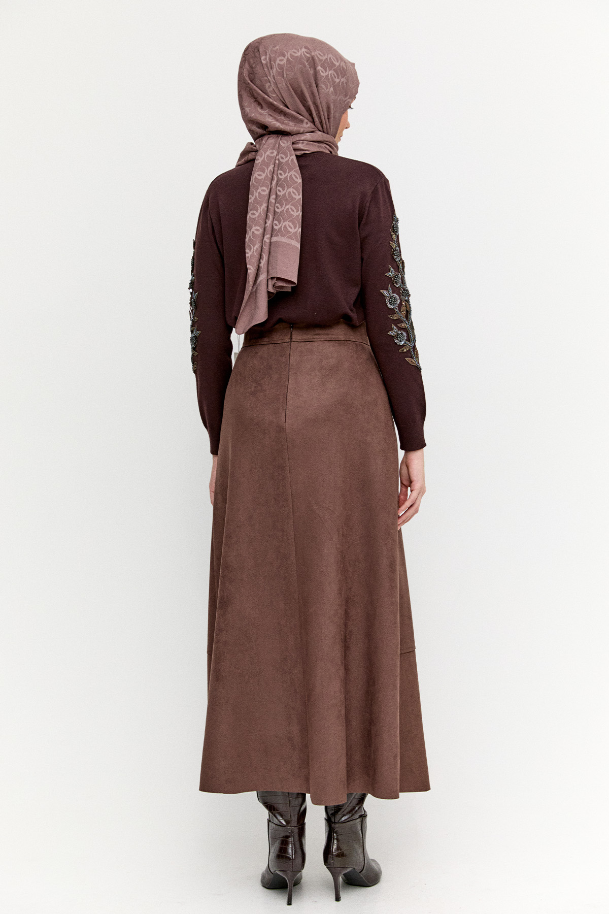 Parçalı Süet Görünümlü Etek, Tesettür Giyim