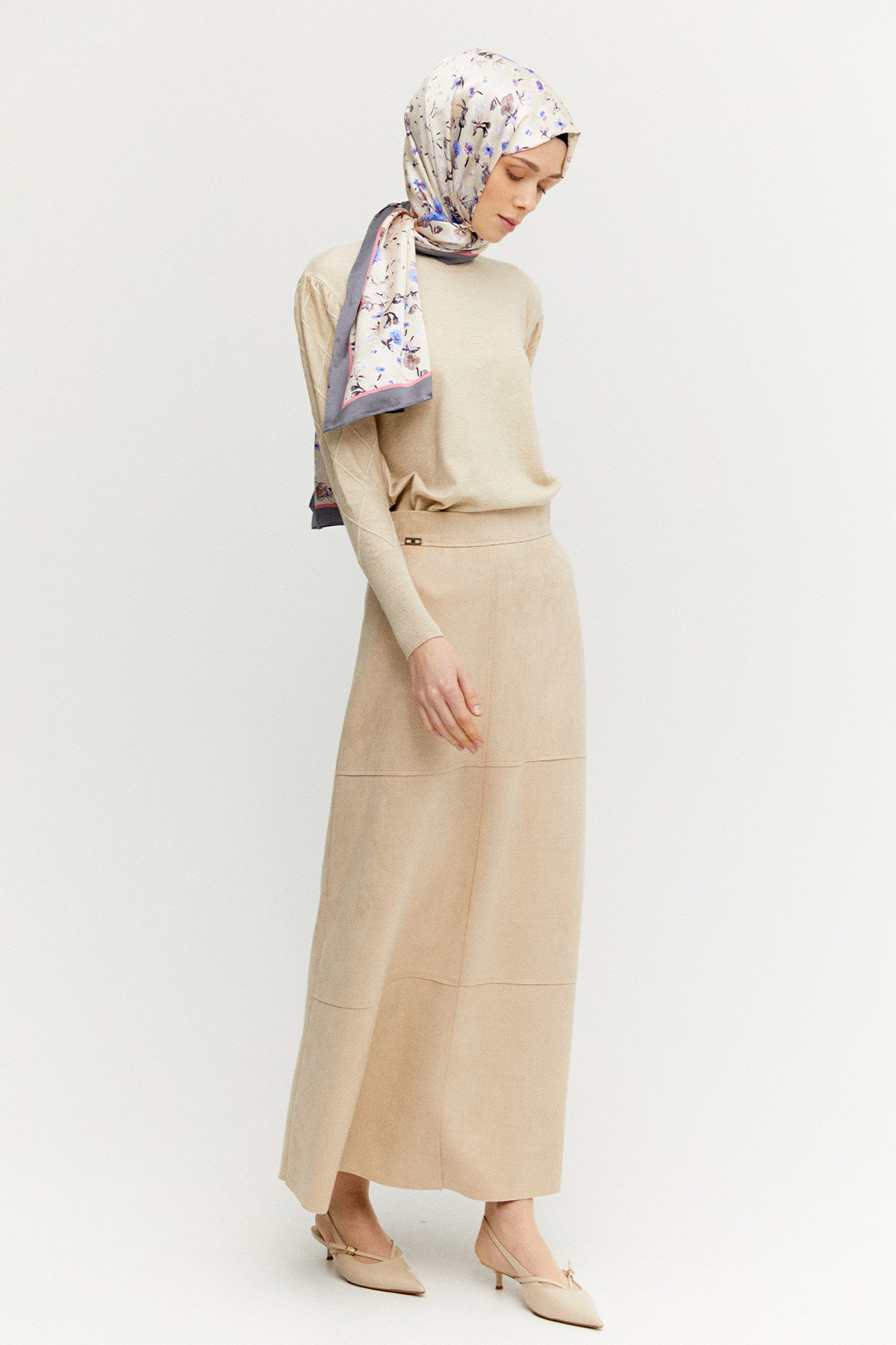 Parçalı Süet Görünümlü Etek, Tesettür Giyim