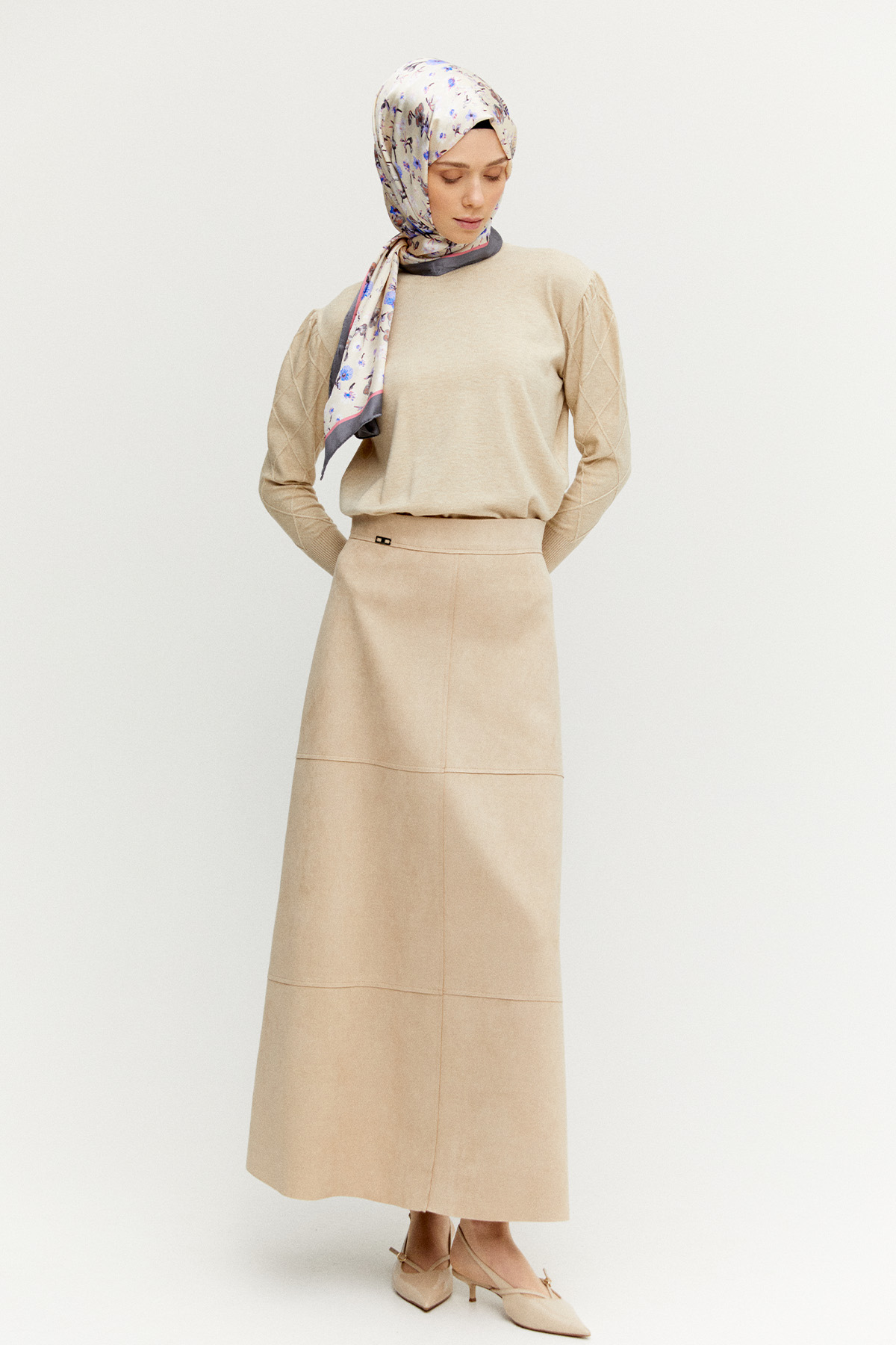 Parçalı Süet Görünümlü Etek, Tesettür Giyim