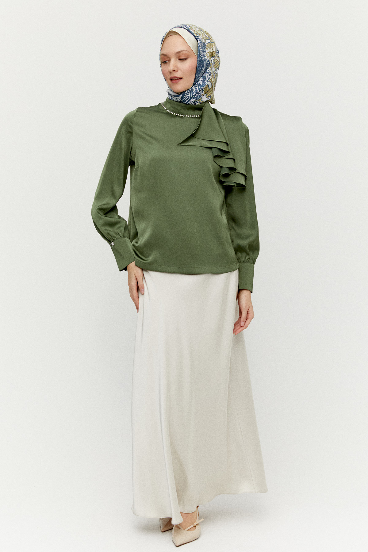 Volanlı Saten Kısa Gömlek