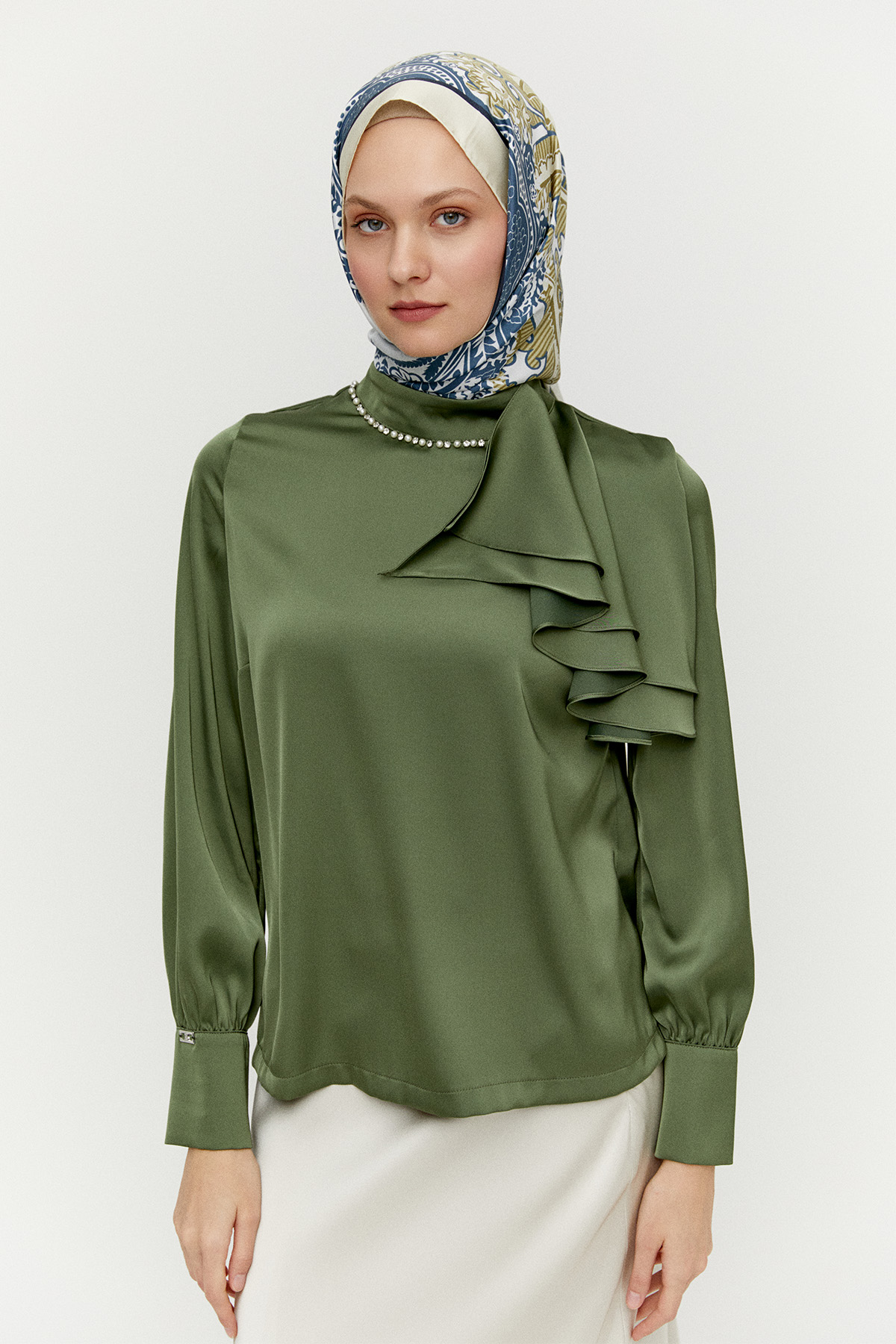 Volanlı Saten Kısa Gömlek