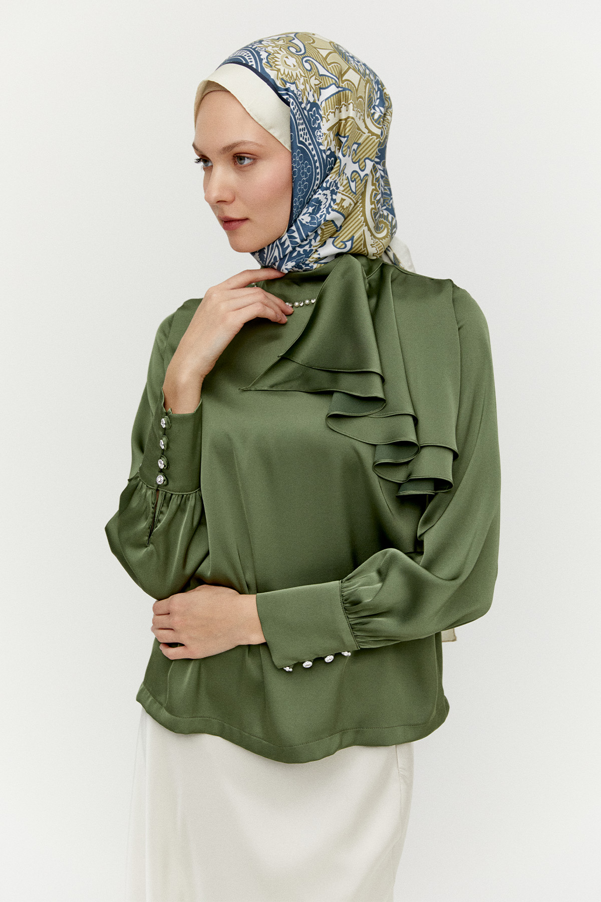 Volanlı Saten Kısa Gömlek