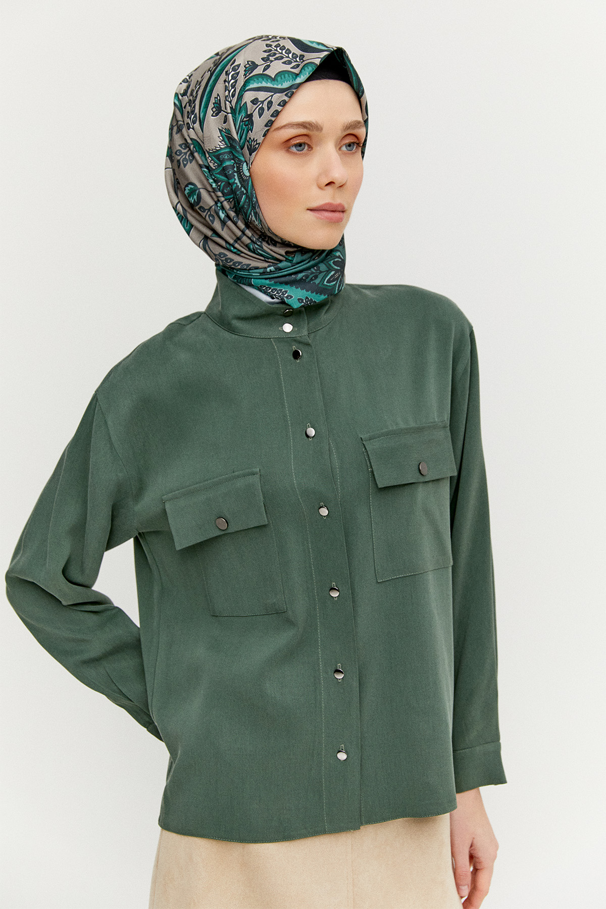 Çift Cepli Lyocell Gömlek, Tesettür Giyim