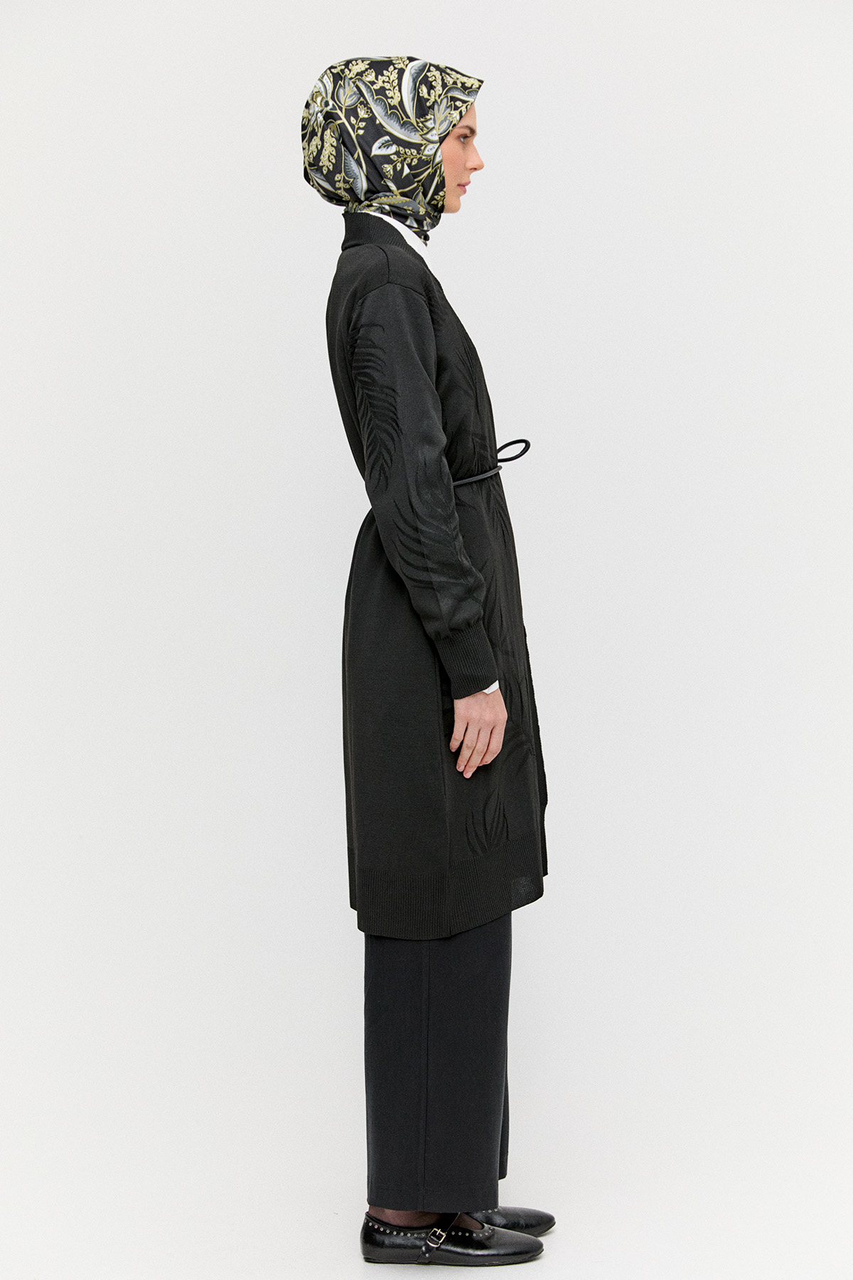 Yaprak Desenli Şal Yaka Triko Hırka, Tesettür Giyim