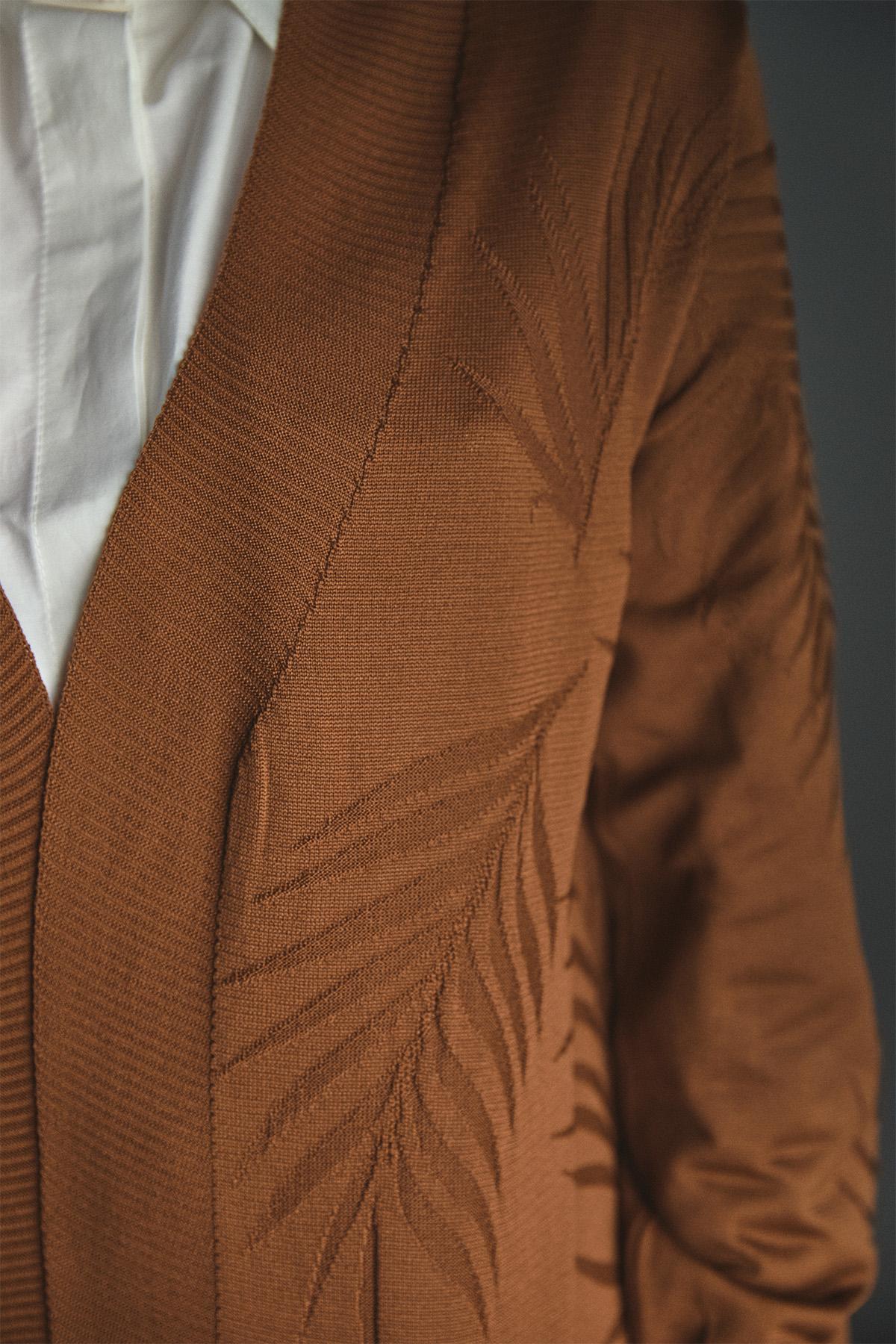 Yaprak Desenli Şal Yaka Triko Hırka