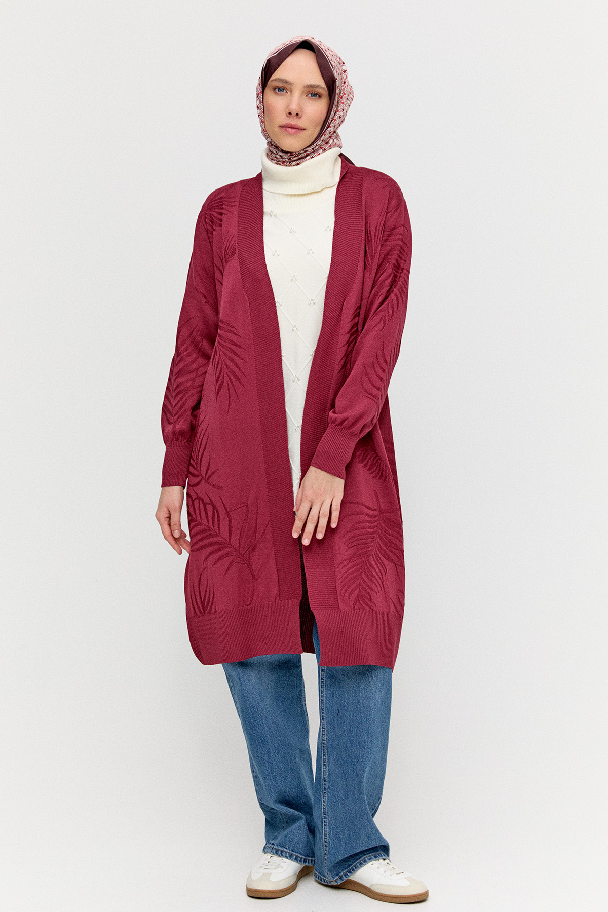 Yaprak Desenli Şal Yaka Triko Hırka, Tesettür Giyim