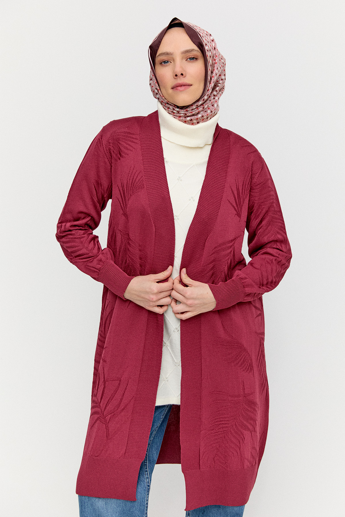 Yaprak Desenli Şal Yaka Triko Hırka, Tesettür Giyim