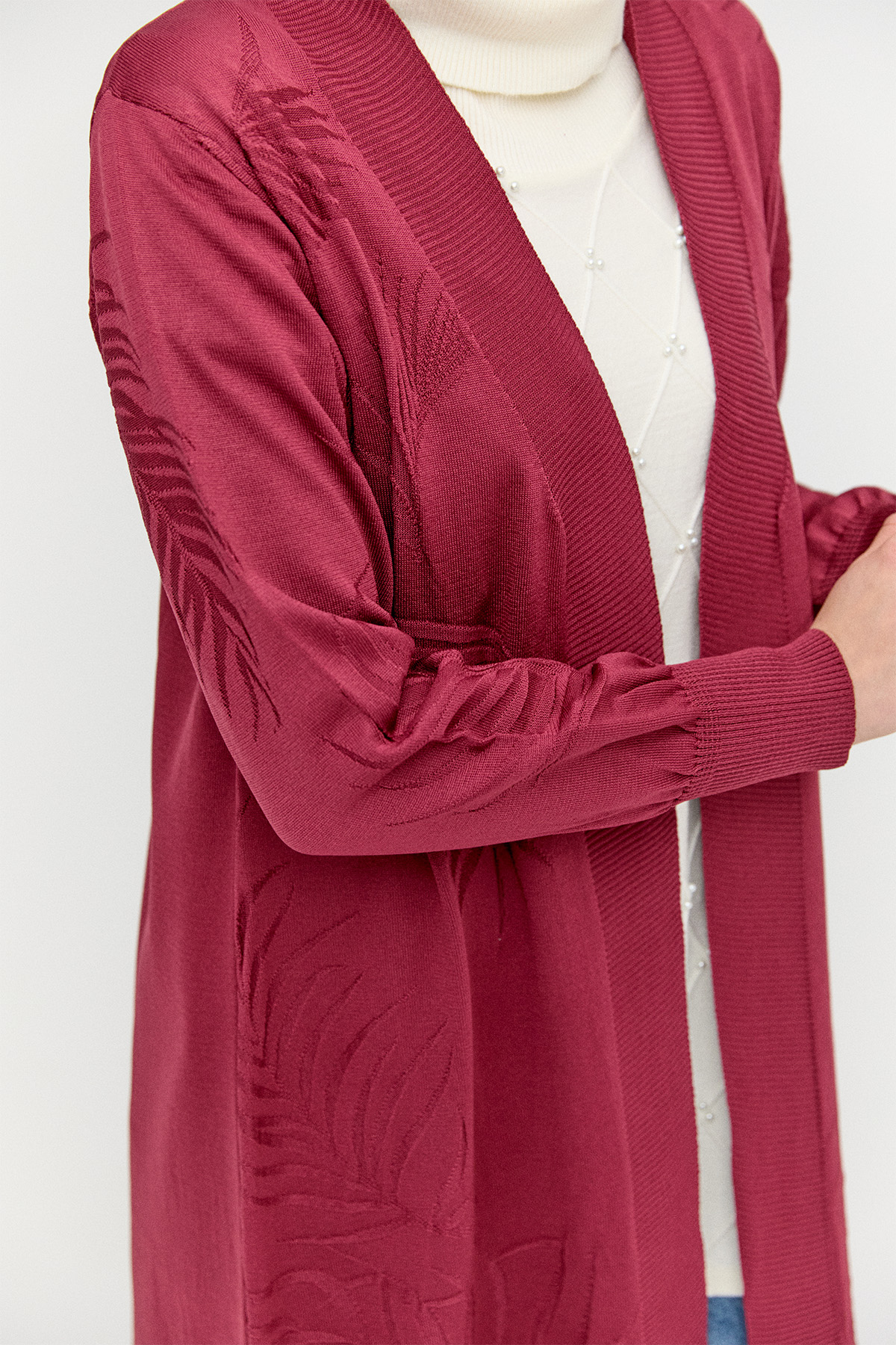 Yaprak Desenli Şal Yaka Triko Hırka, Tesettür Giyim