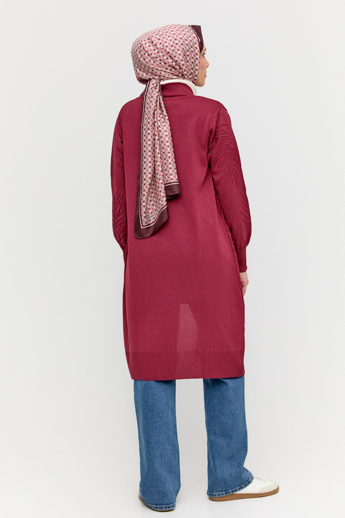 Yaprak Desenli Şal Yaka Triko Hırka, Tesettür Giyim