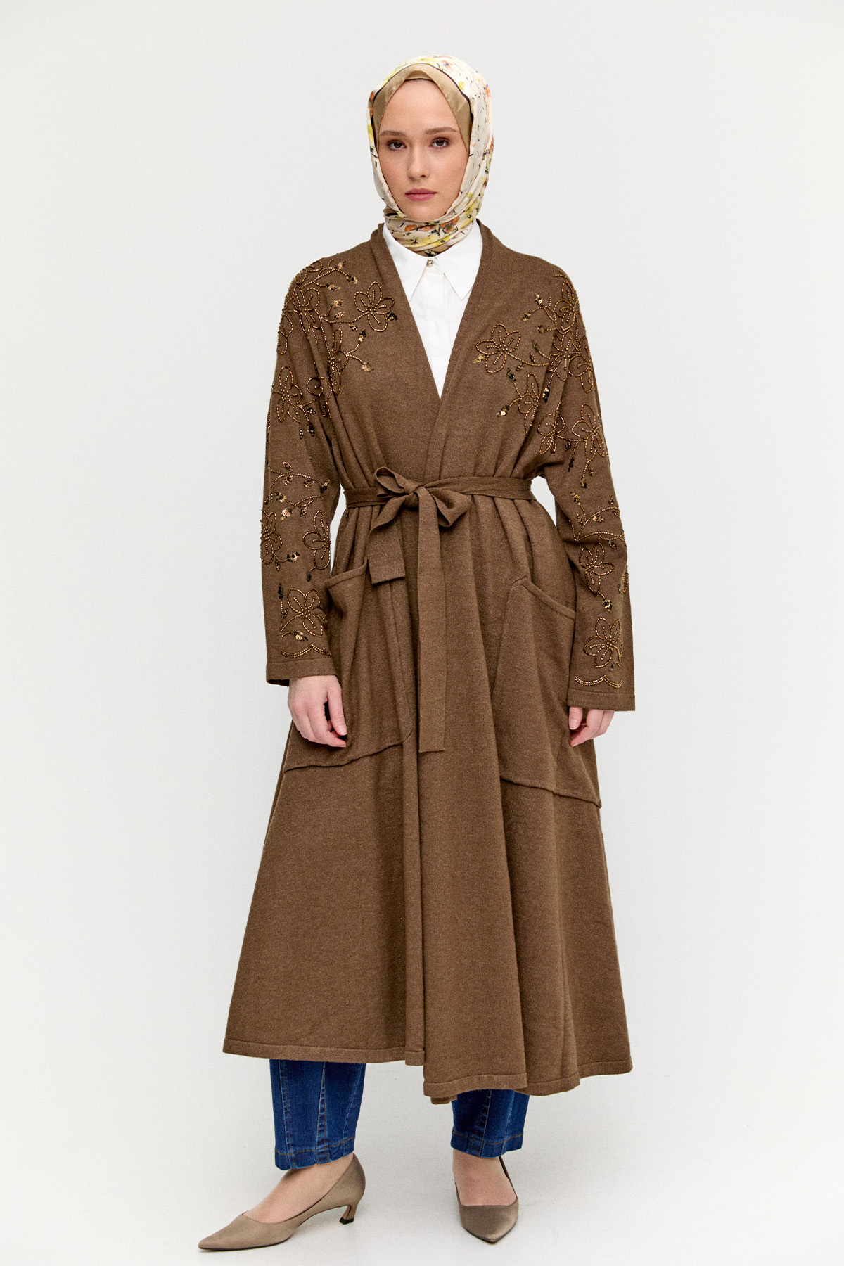 Kadife Motifli Uzun Triko Hırka, Tesettür Giyim