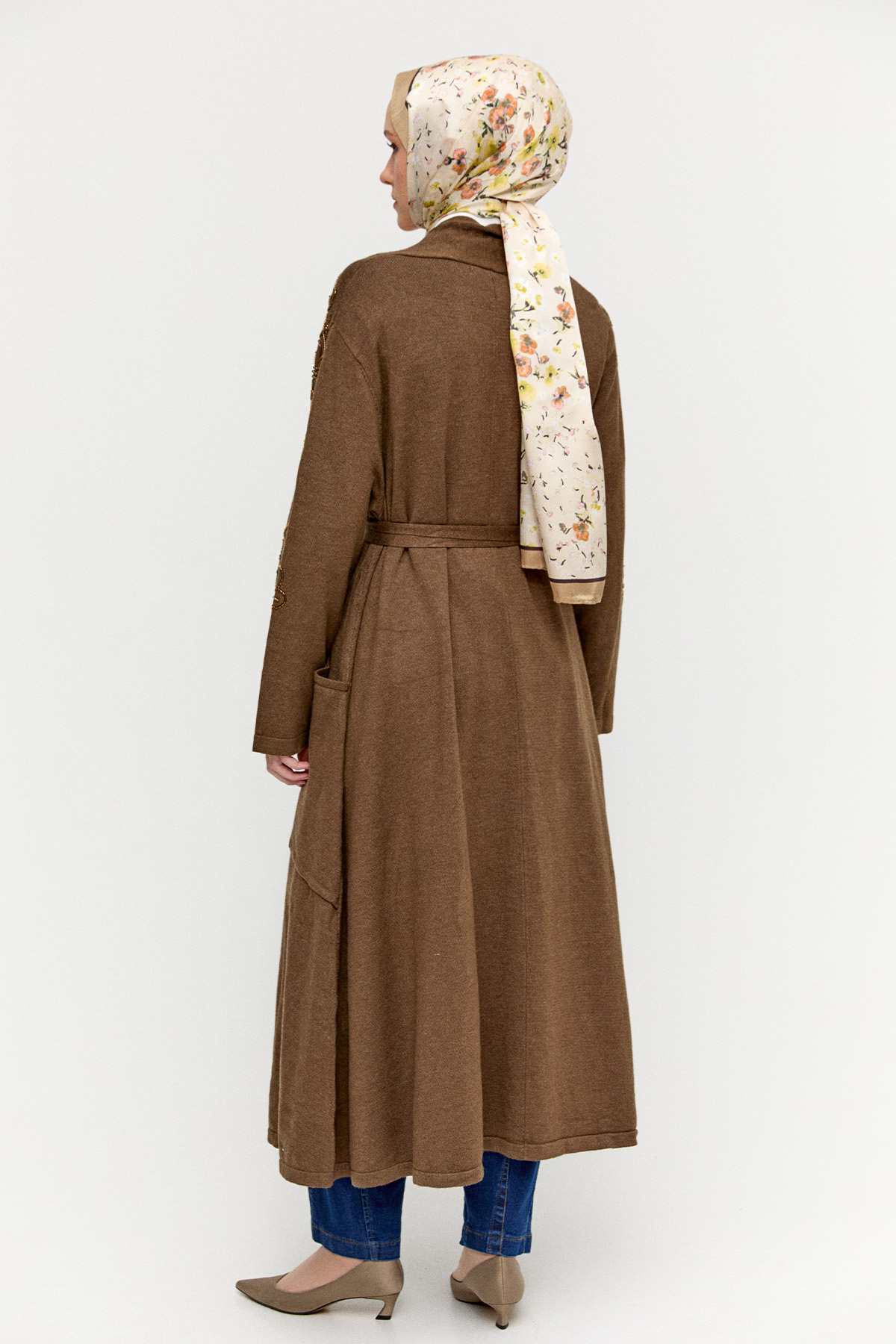 Kadife Motifli Uzun Triko Hırka, Tesettür Giyim