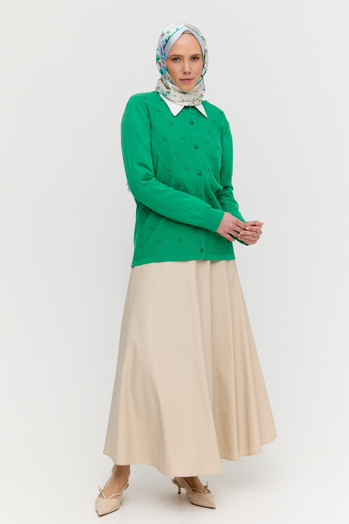 Baklava Desenli Taş Detaylı Triko Hırka, Tesettür Giyim