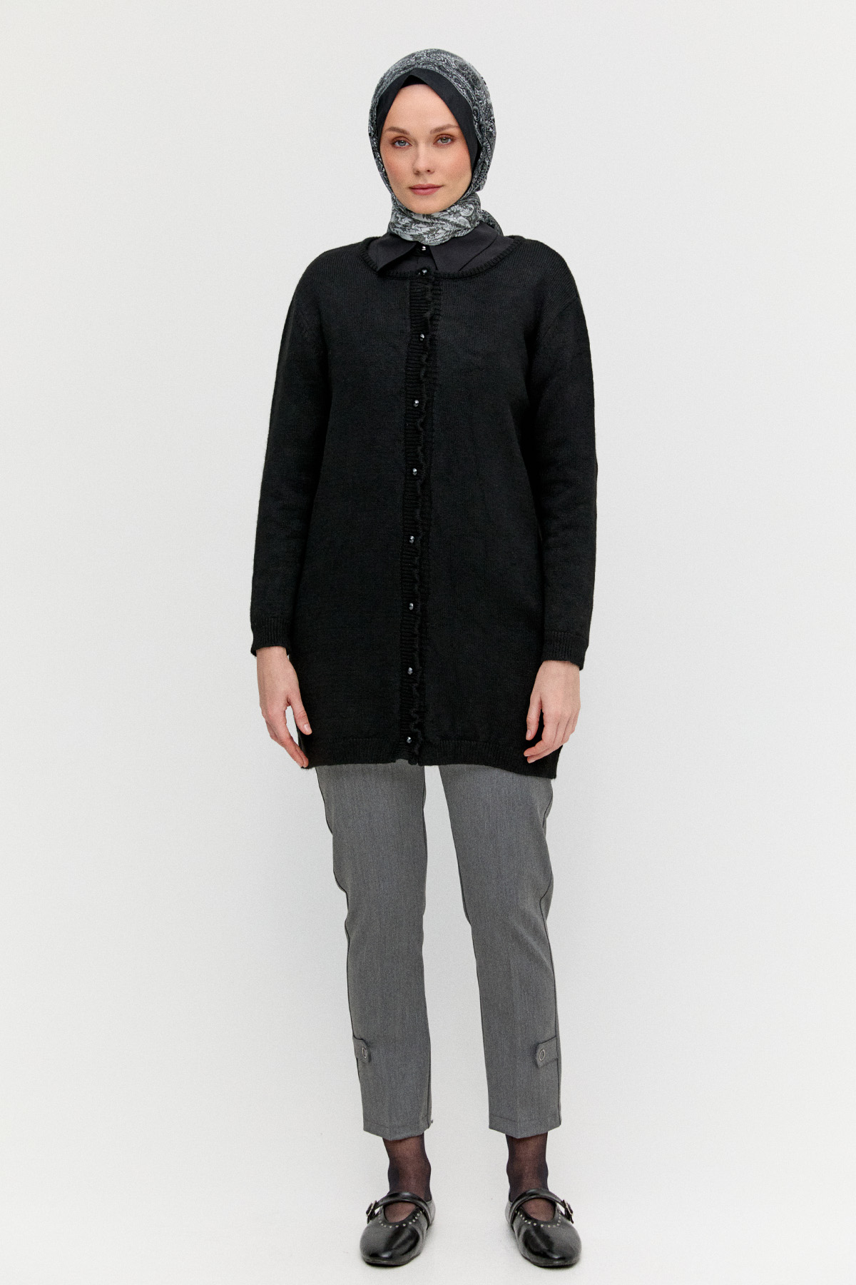 Yuvarlak Yakalı Düğmeli Triko Hırka, Tesettür Giyim