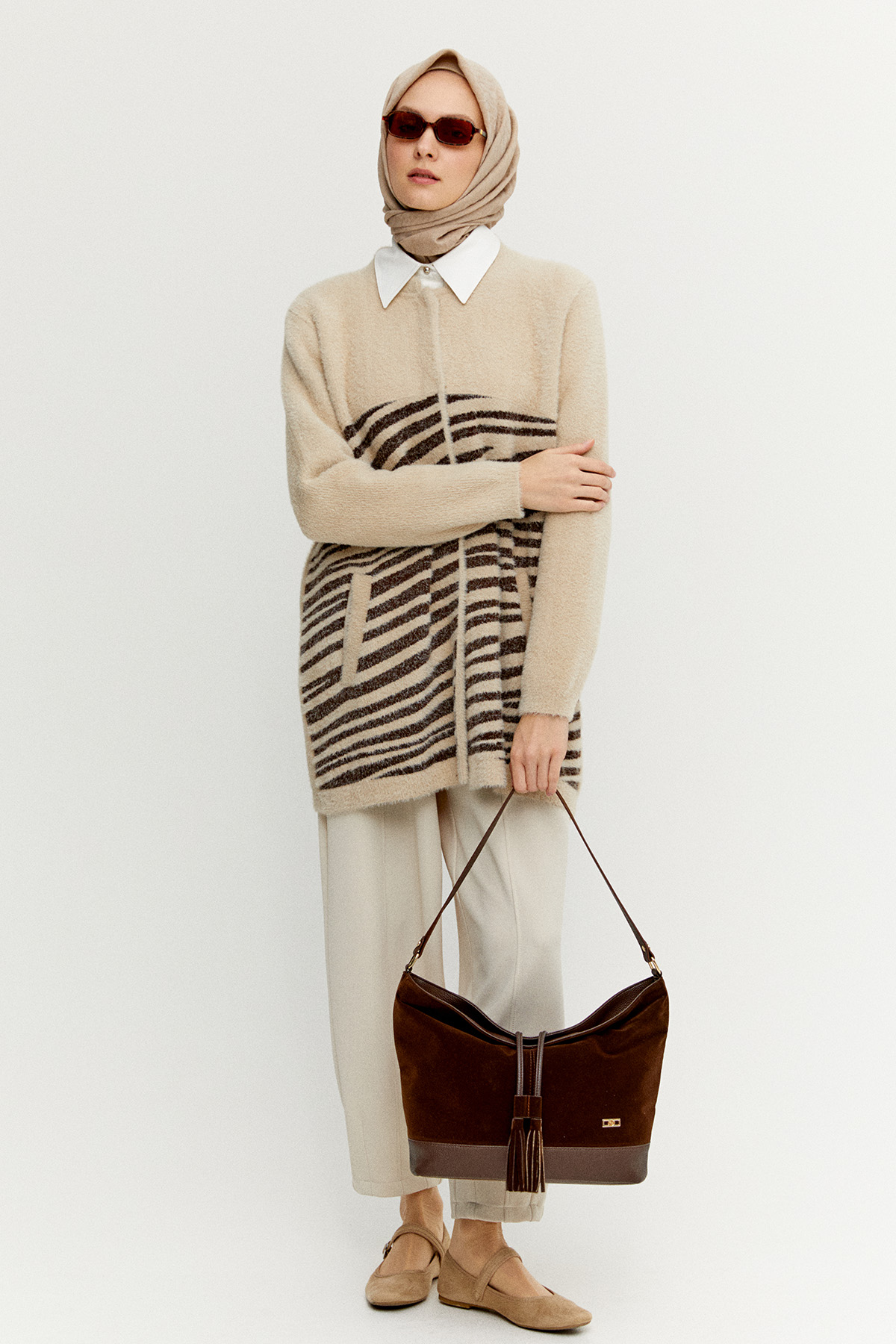 Zebra Desenli Çıt Kopçalı Triko Hırka, Tesettür Giyim