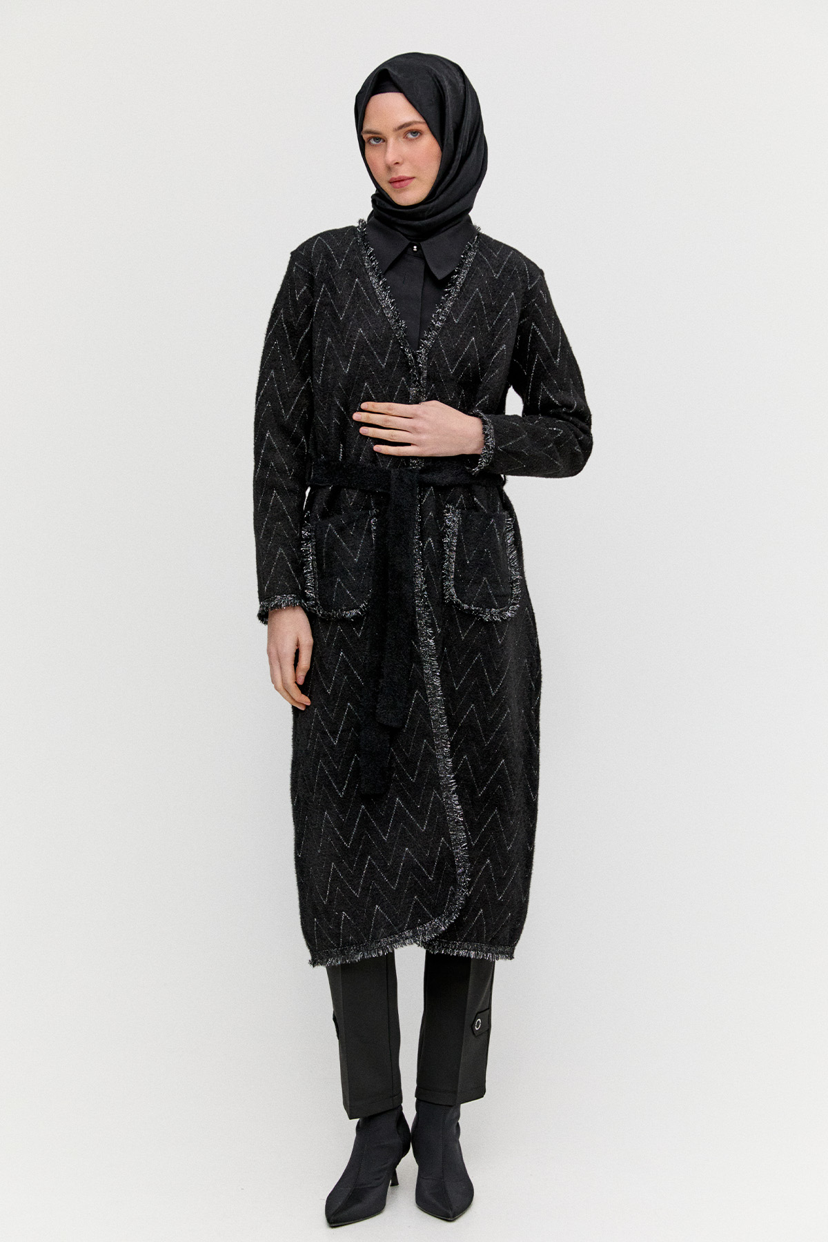 Simli Zikzak Desenli Kuşaklı Triko Hırka, Tesettür Giyim