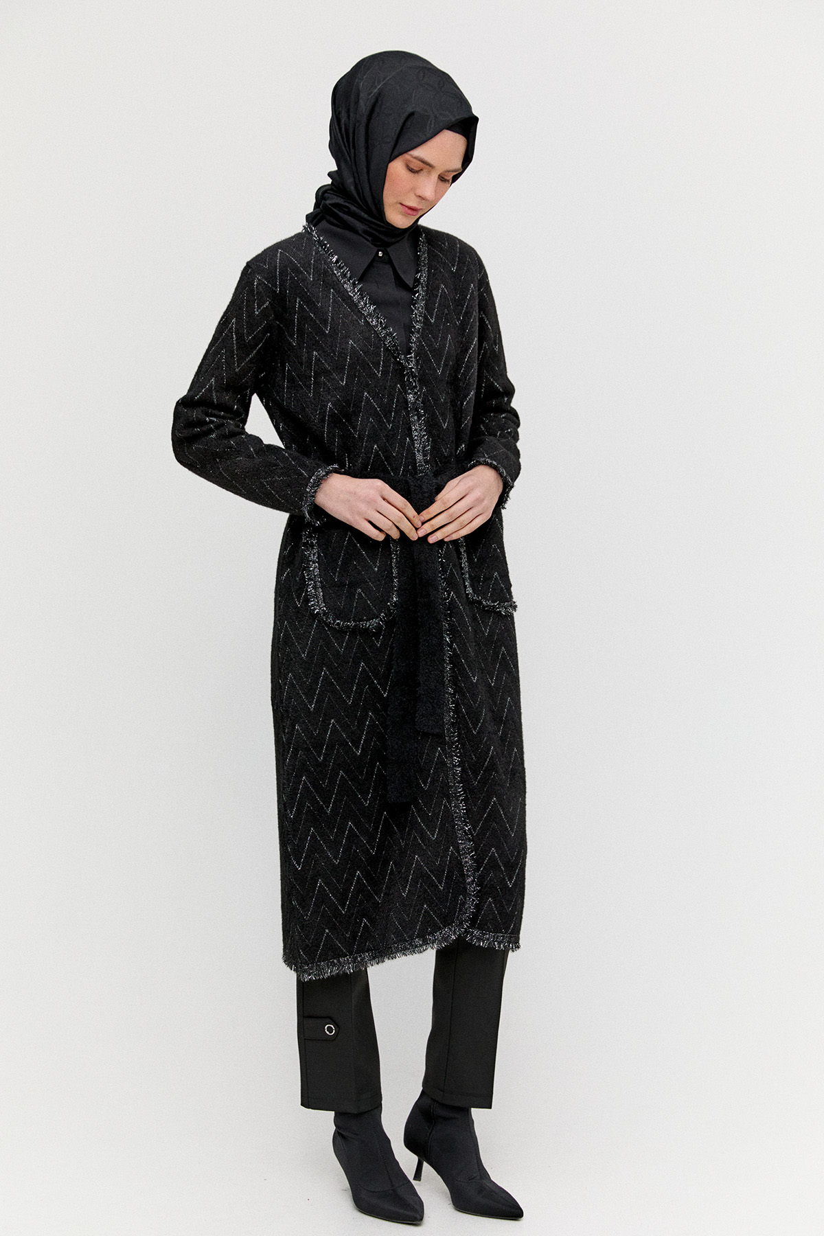 Simli Zikzak Desenli Kuşaklı Triko Hırka, Tesettür Giyim