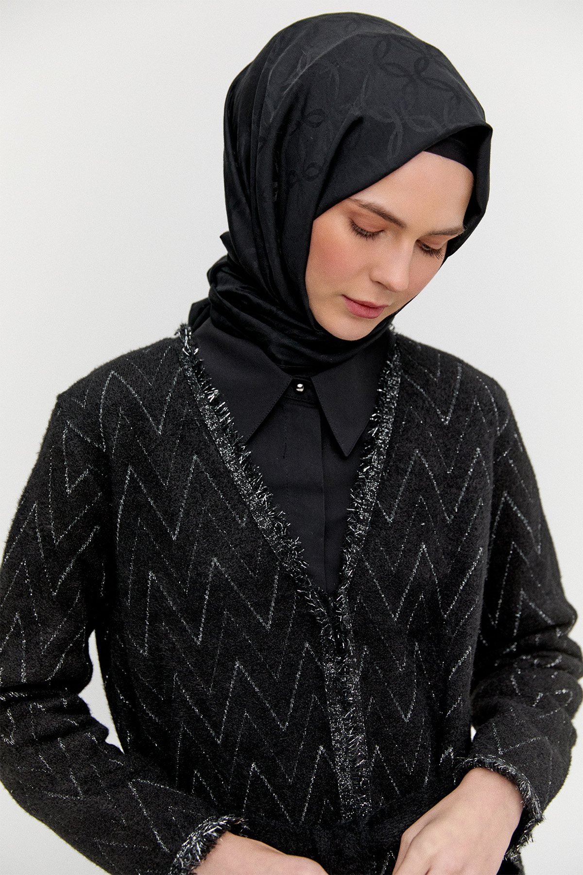 Simli Zikzak Desenli Kuşaklı Triko Hırka, Tesettür Giyim