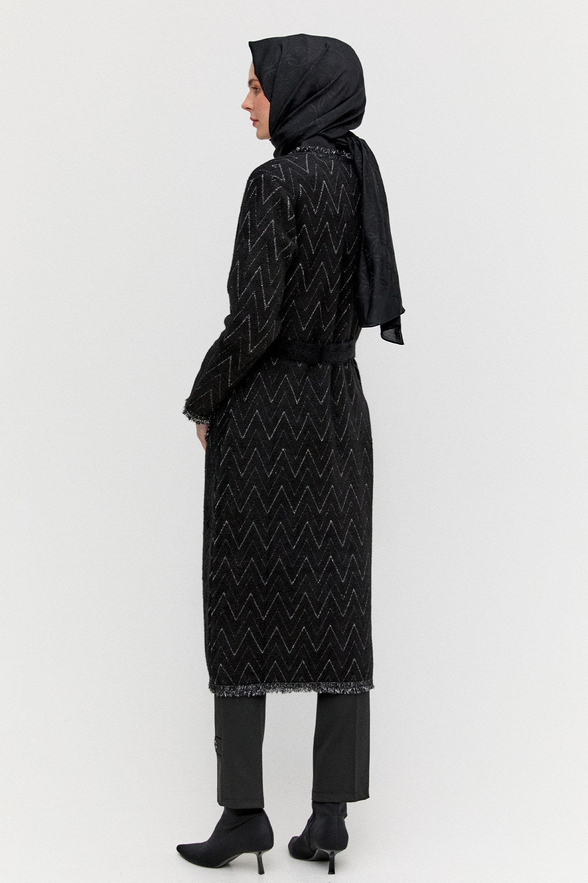 Simli Zikzak Desenli Kuşaklı Triko Hırka, Tesettür Giyim