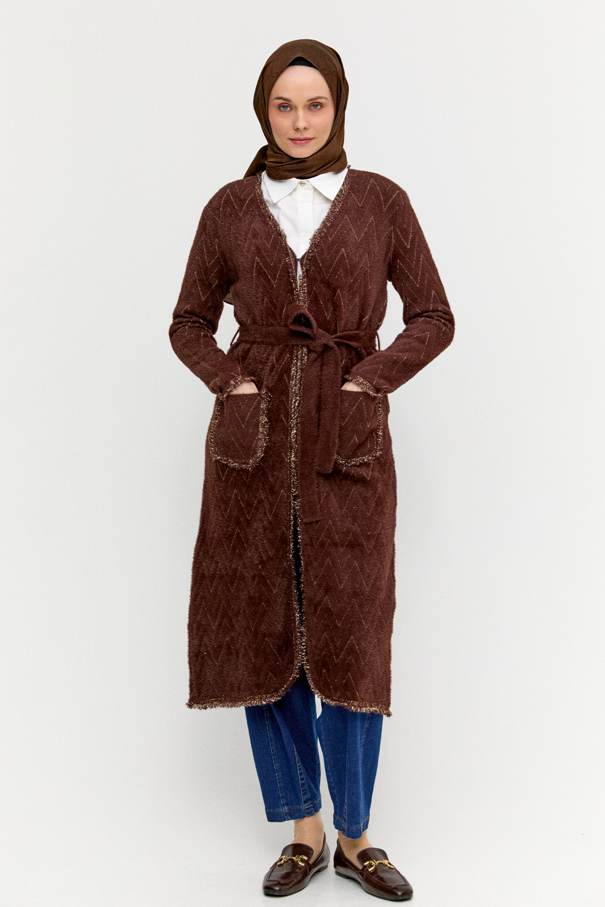 Simli Zikzak Desenli Kuşaklı Triko Hırka, Tesettür Giyim