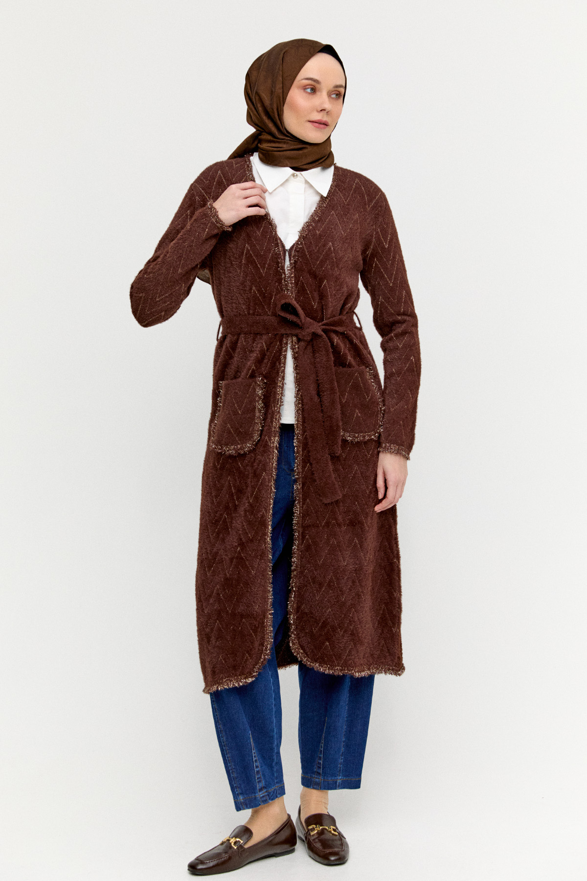 Simli Zikzak Desenli Kuşaklı Triko Hırka, Tesettür Giyim