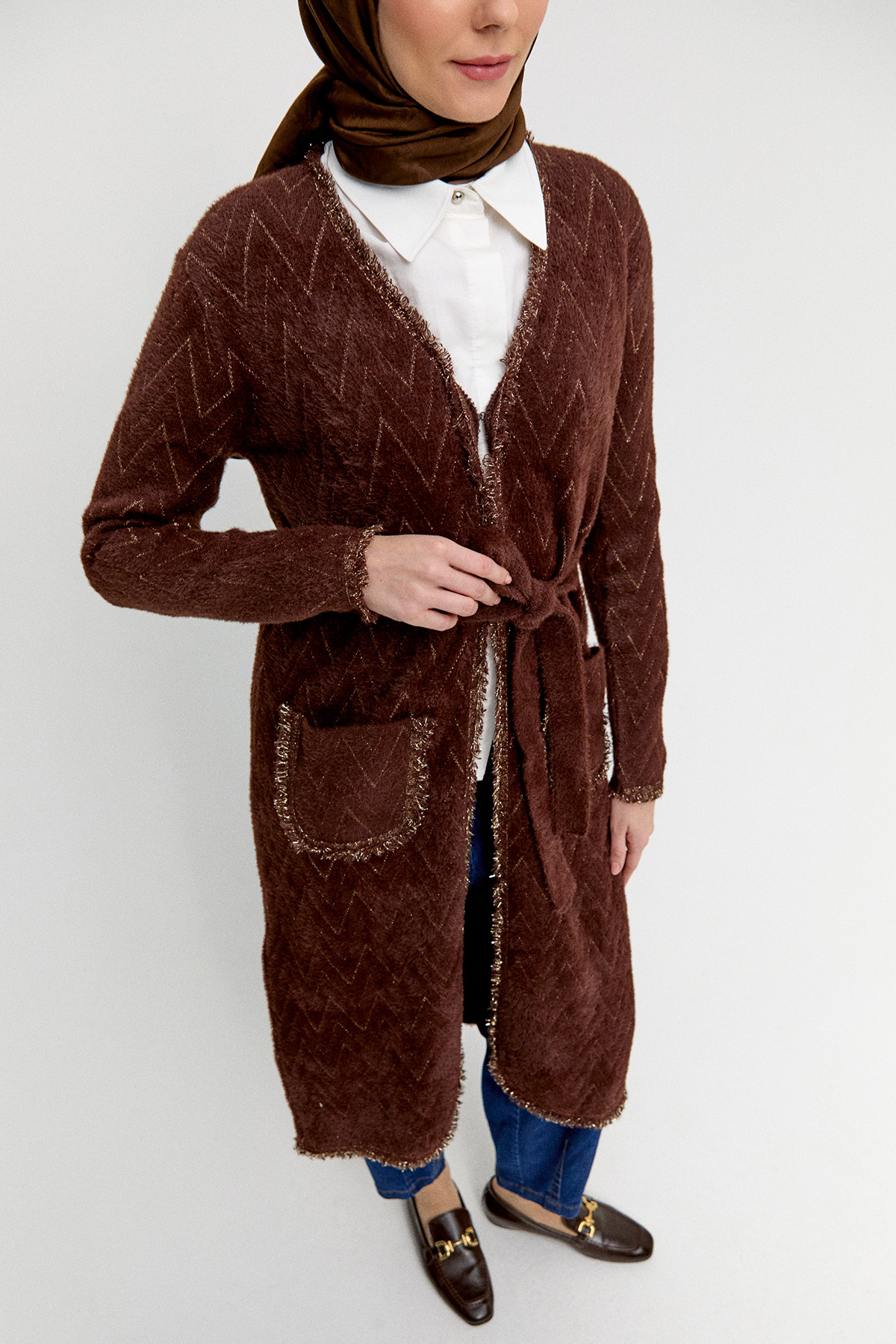 Simli Zikzak Desenli Kuşaklı Triko Hırka, Tesettür Giyim