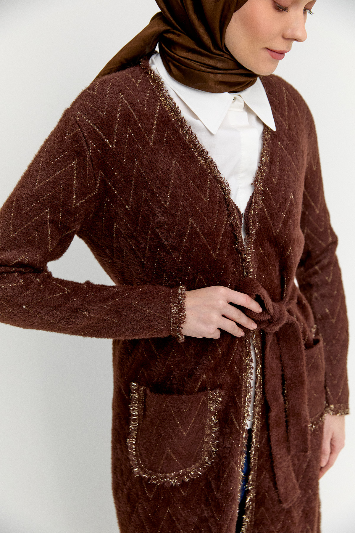 Simli Zikzak Desenli Kuşaklı Triko Hırka, Tesettür Giyim