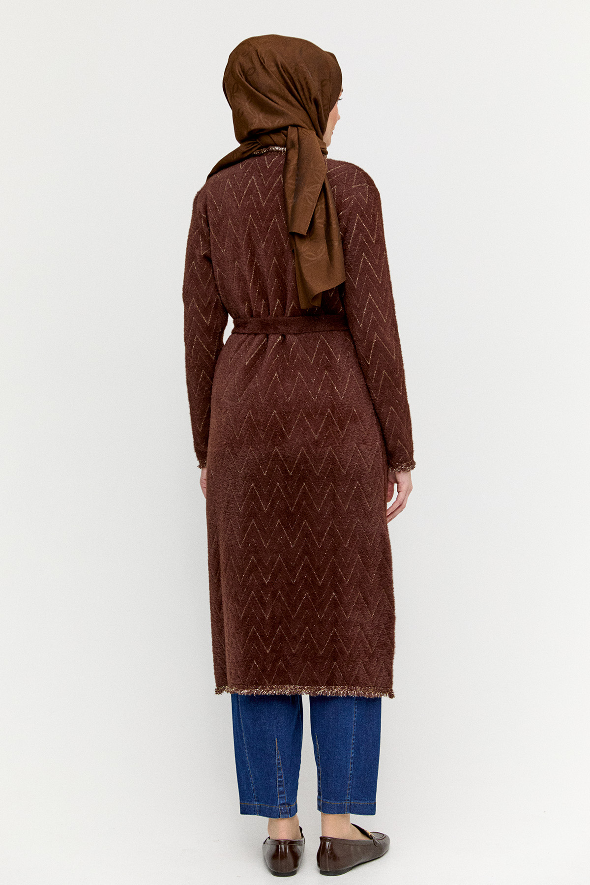 Simli Zikzak Desenli Kuşaklı Triko Hırka, Tesettür Giyim