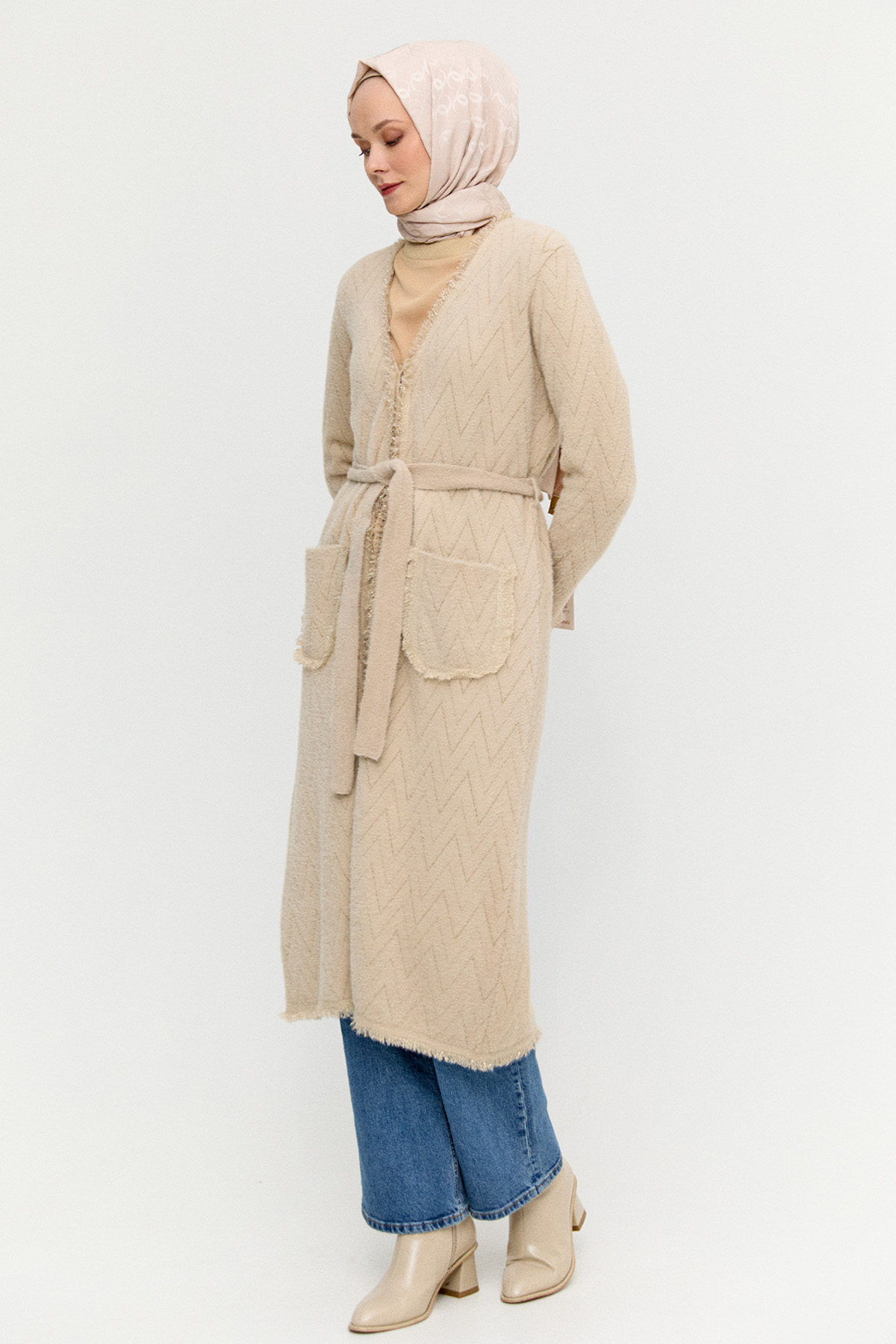 Simli Zikzak Desenli Kuşaklı Triko Hırka, Tesettür Giyim