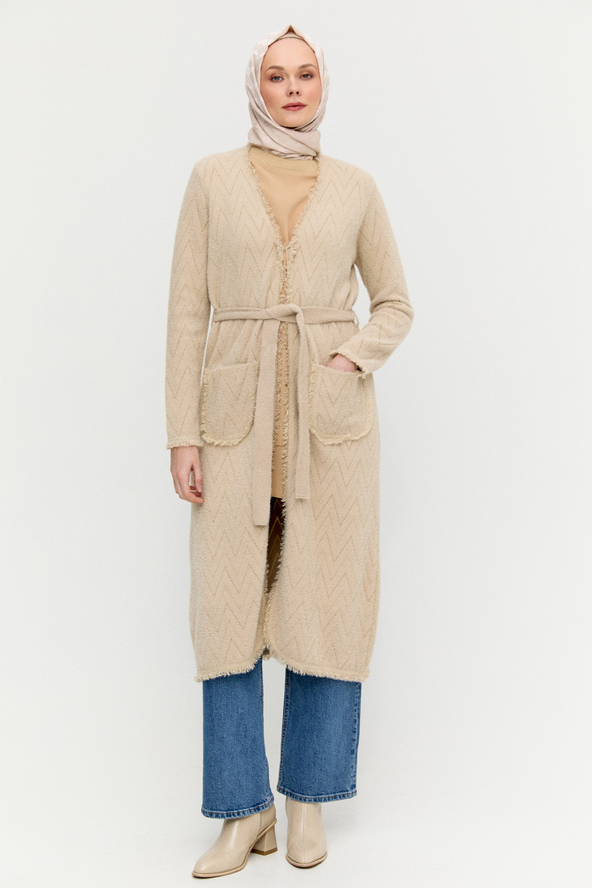 Simli Zikzak Desenli Kuşaklı Triko Hırka, Tesettür Giyim