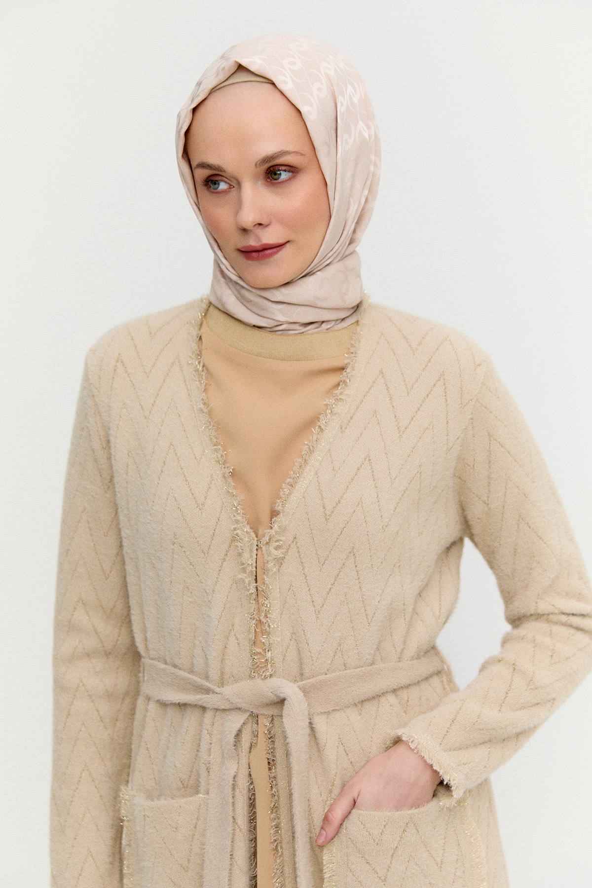 Simli Zikzak Desenli Kuşaklı Triko Hırka, Tesettür Giyim