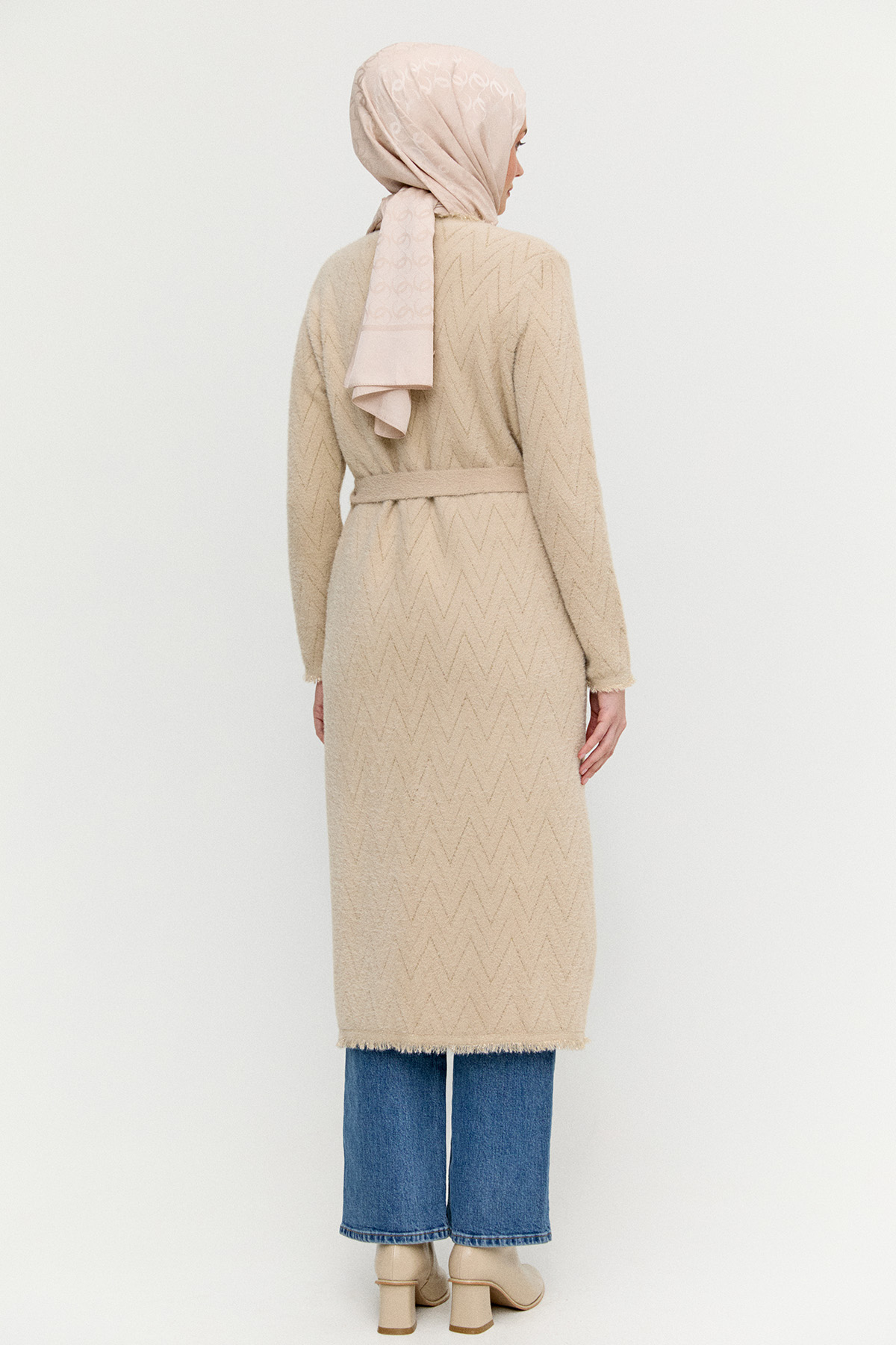 Simli Zikzak Desenli Kuşaklı Triko Hırka, Tesettür Giyim