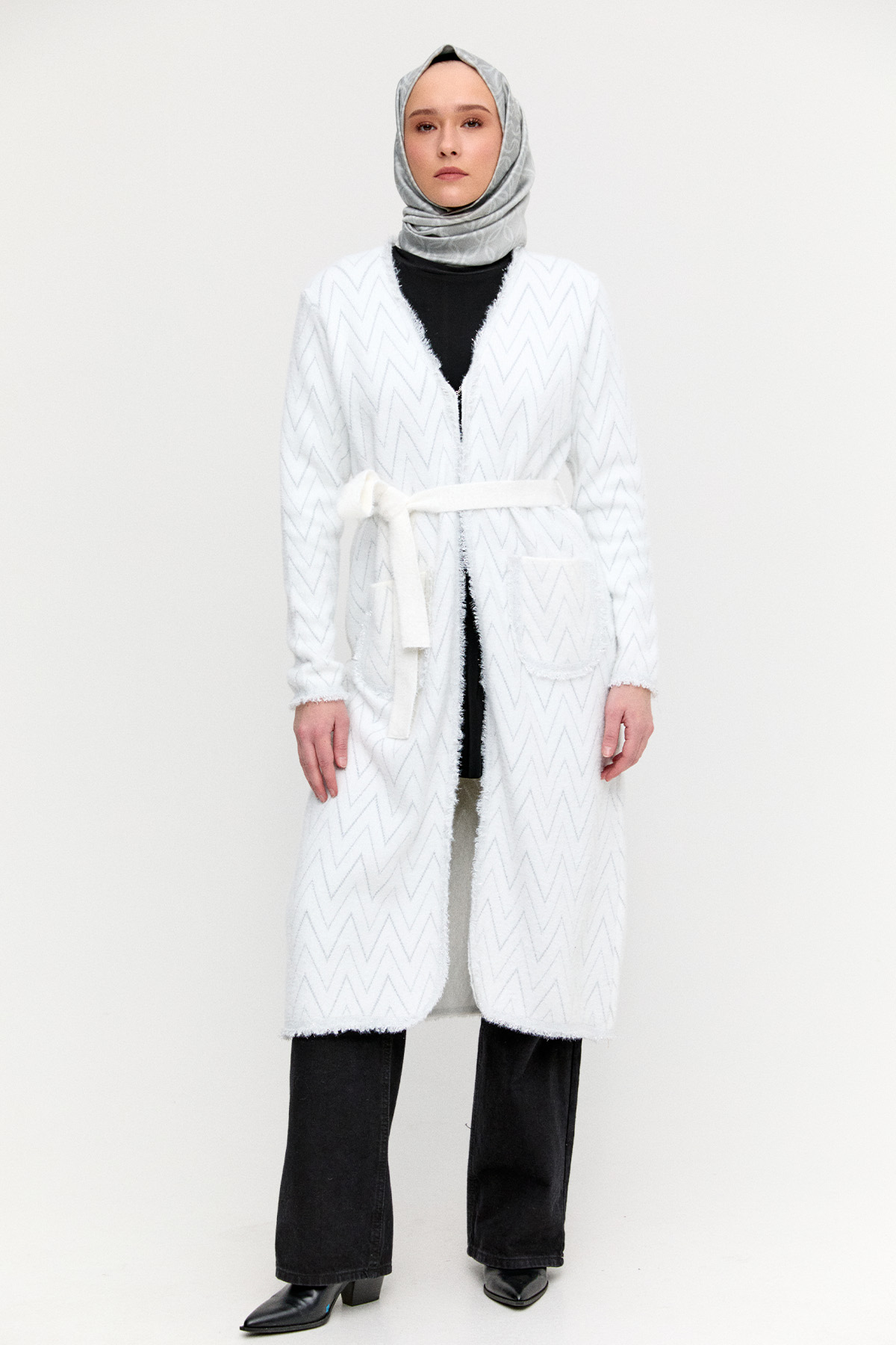 Simli Zikzak Desenli Kuşaklı Triko Hırka, Tesettür Giyim