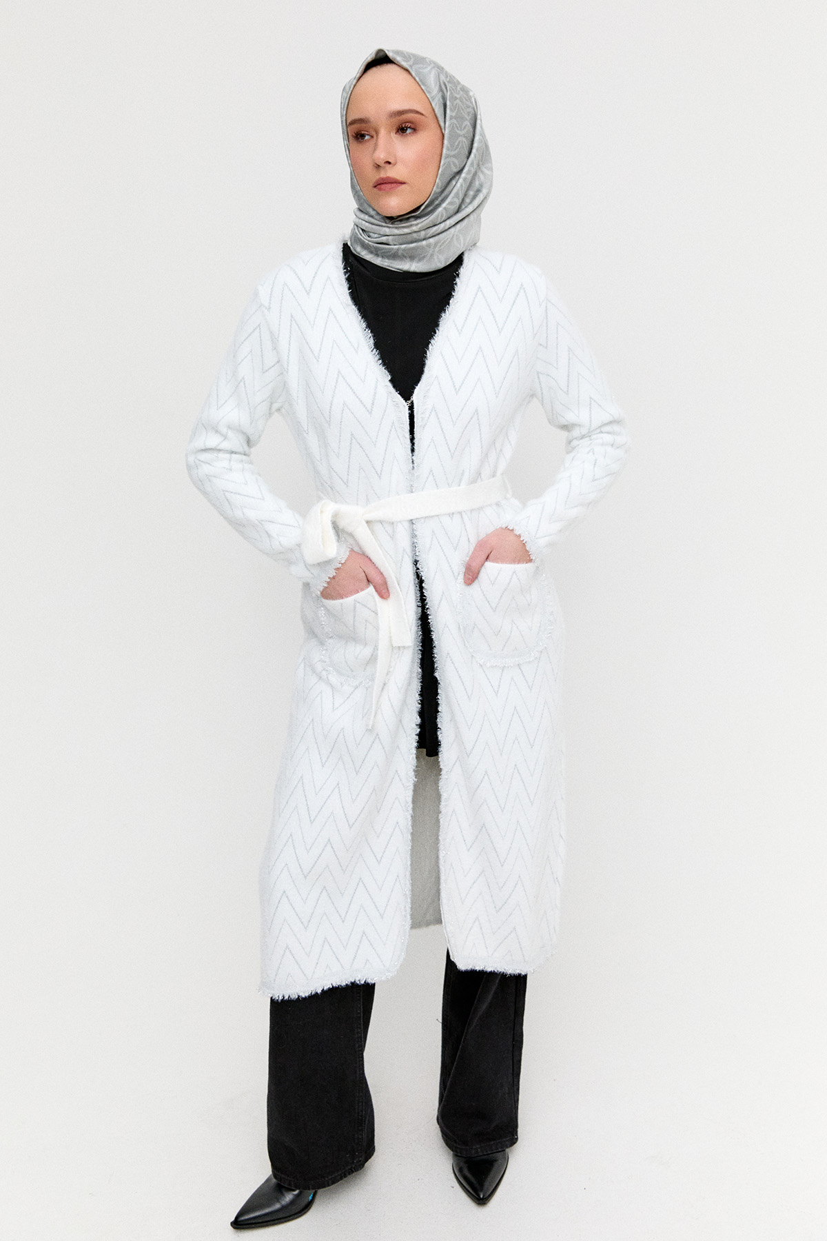 Simli Zikzak Desenli Kuşaklı Triko Hırka, Tesettür Giyim