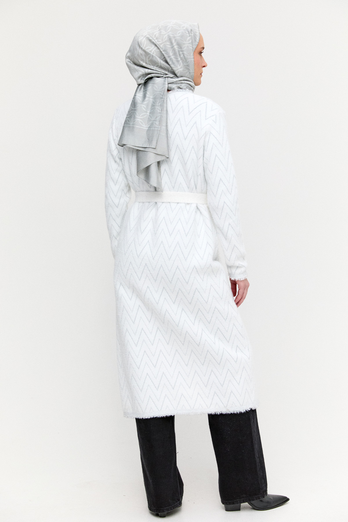 Simli Zikzak Desenli Kuşaklı Triko Hırka, Tesettür Giyim