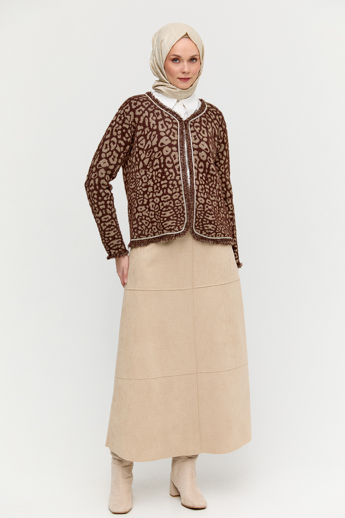 Leopar Desenli Taş İşlemeli Triko Hırka, Tesettür Giyim
