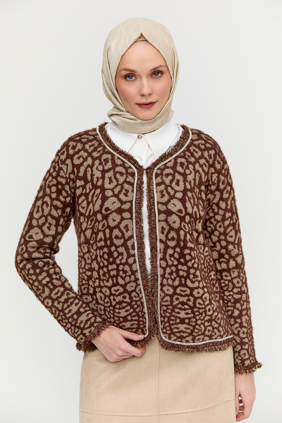 Leopar Desenli Taş İşlemeli Triko Hırka, Tesettür Giyim
