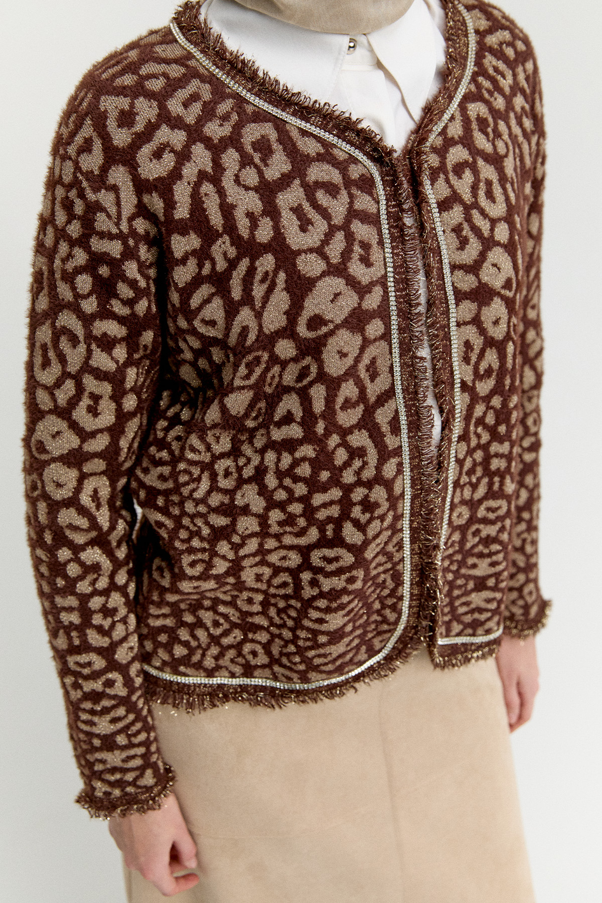 Leopar Desenli Taş İşlemeli Triko Hırka, Tesettür Giyim