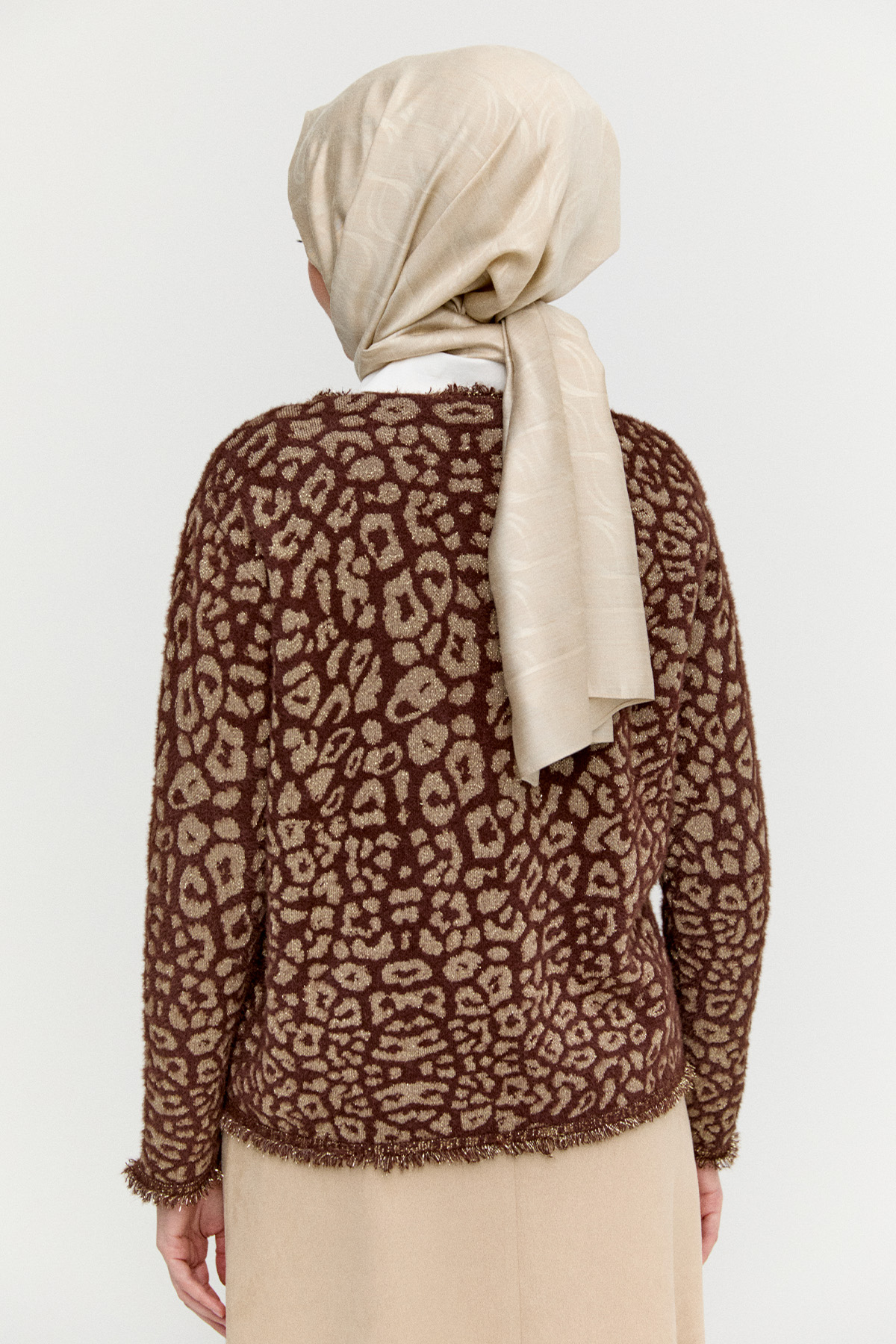 Leopar Desenli Taş İşlemeli Triko Hırka, Tesettür Giyim