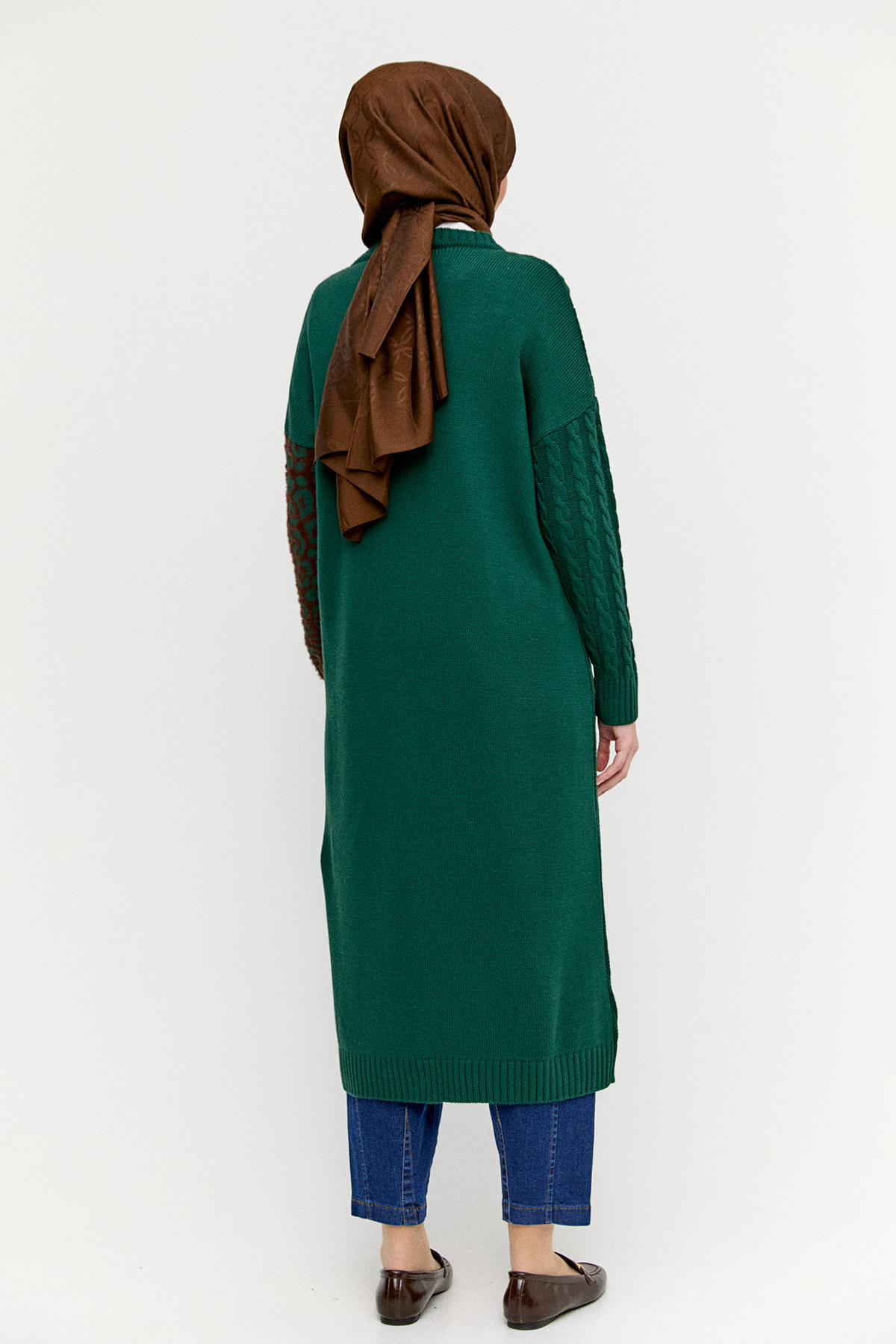 Leoparlı Kopçalı Uzun Triko Hırka, Tesettür Giyim