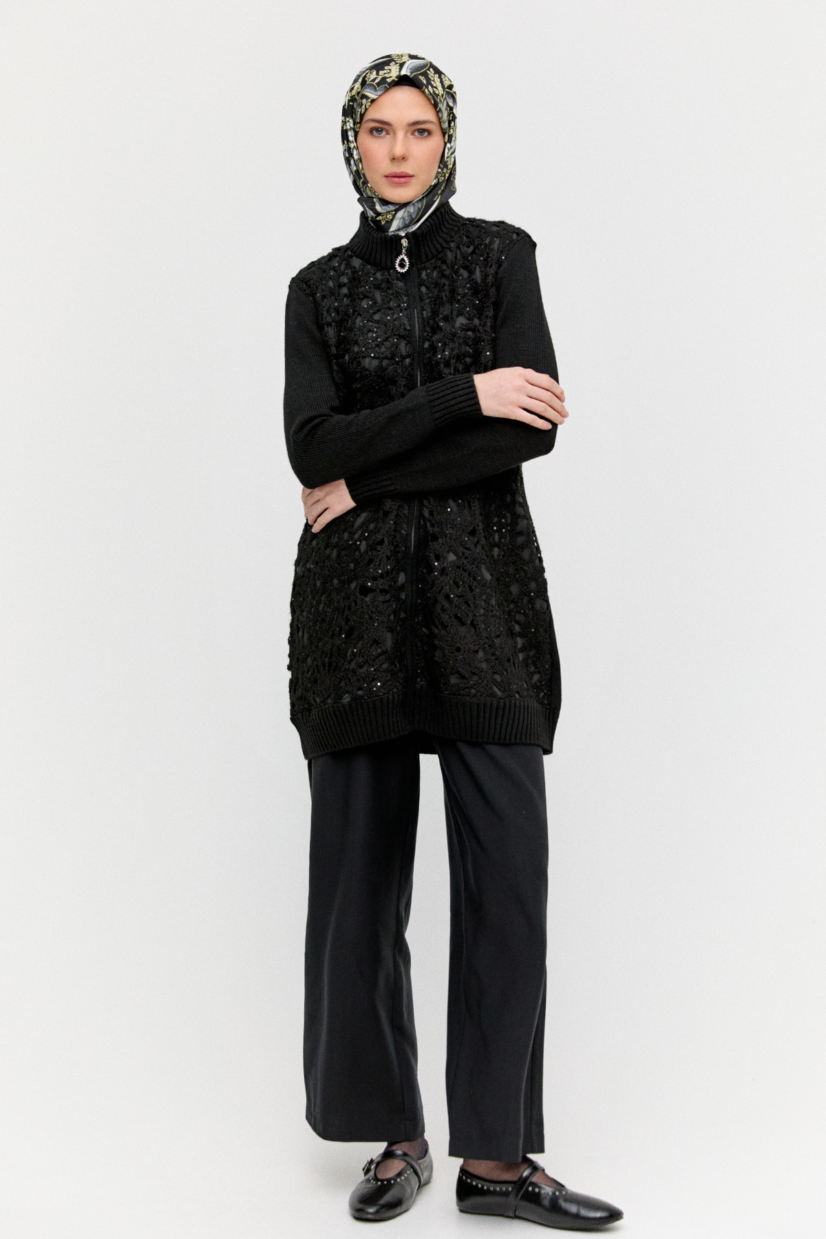 Payetli Çiçek Motifli Triko Hırka, Tesettür Giyim