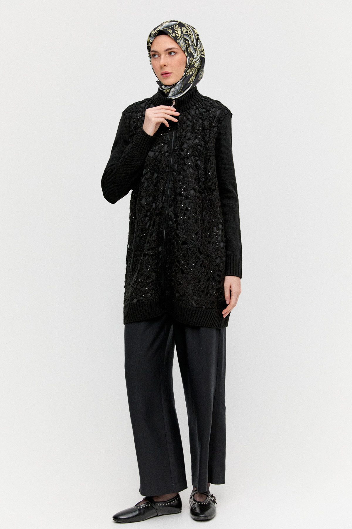 Payetli Çiçek Motifli Triko Hırka, Tesettür Giyim