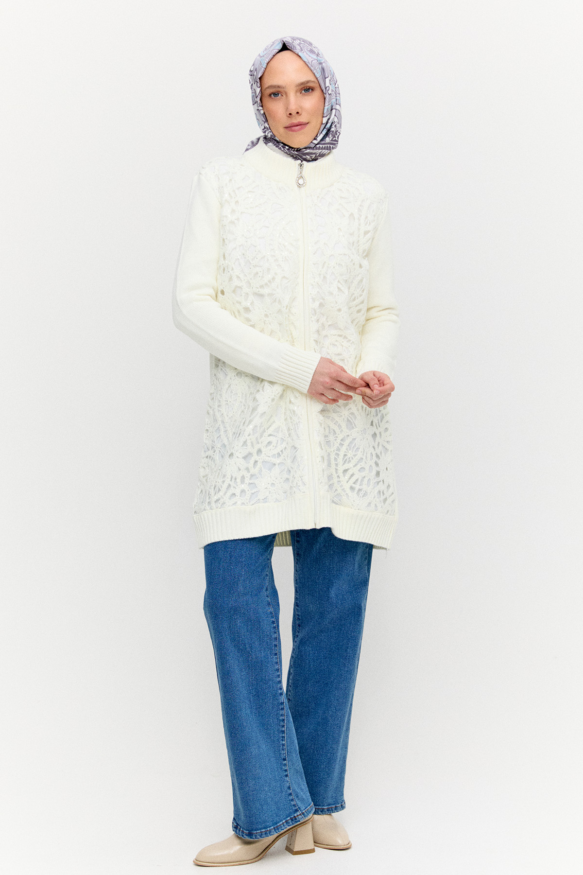 Payetli Çiçek Motifli Triko Hırka, Tesettür Giyim