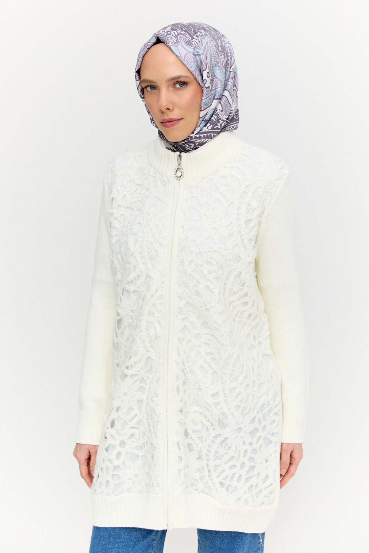 Payetli Çiçek Motifli Triko Hırka, Tesettür Giyim