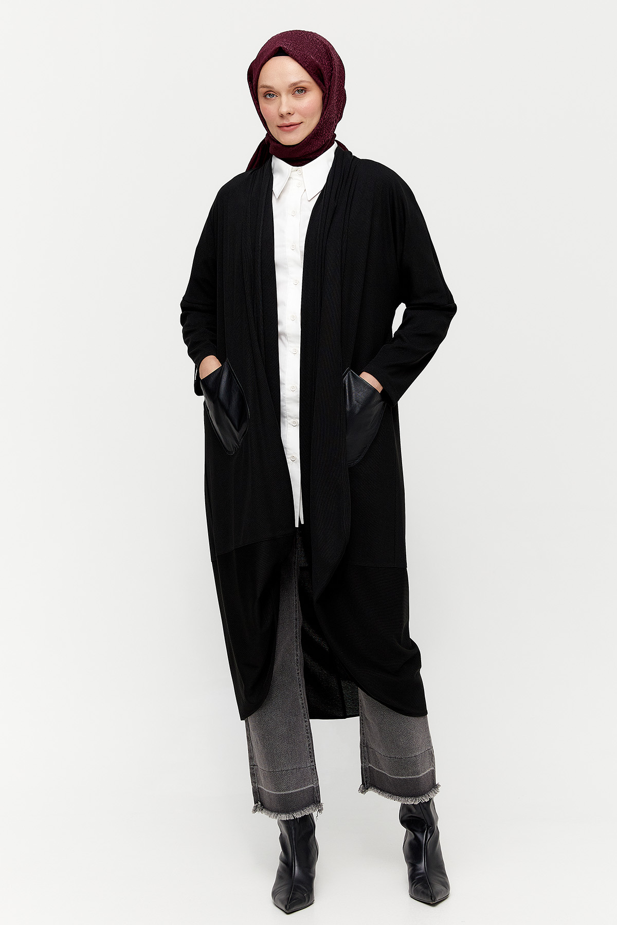 Deri Kombinli Oversize Hırka