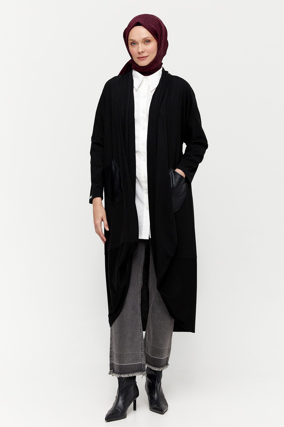 Deri Kombinli Oversize Hırka