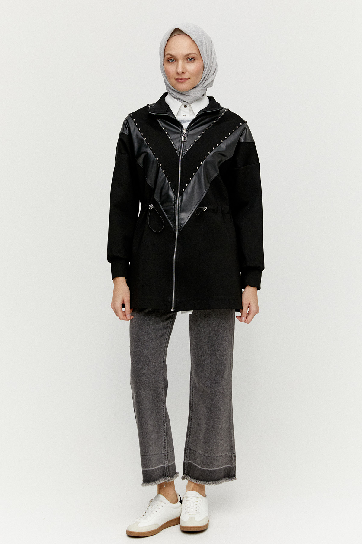 Suni Deri Kombinli Taş Detaylı Kap